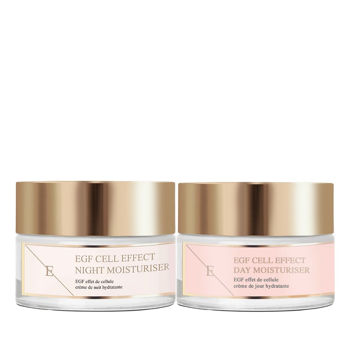 Deux pots de crème hydratante de jour et de nuit avec des couvercles dorés et des étiquettes roses. Les produits sont côte à côte.