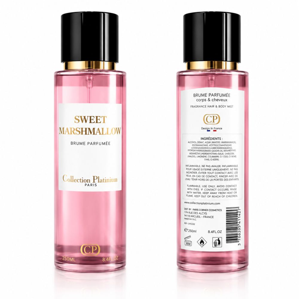 Bouteille de brume parfumée pour le corps et les cheveux "Sweet Marshmallow" avec liquide rose et bouchon noir.