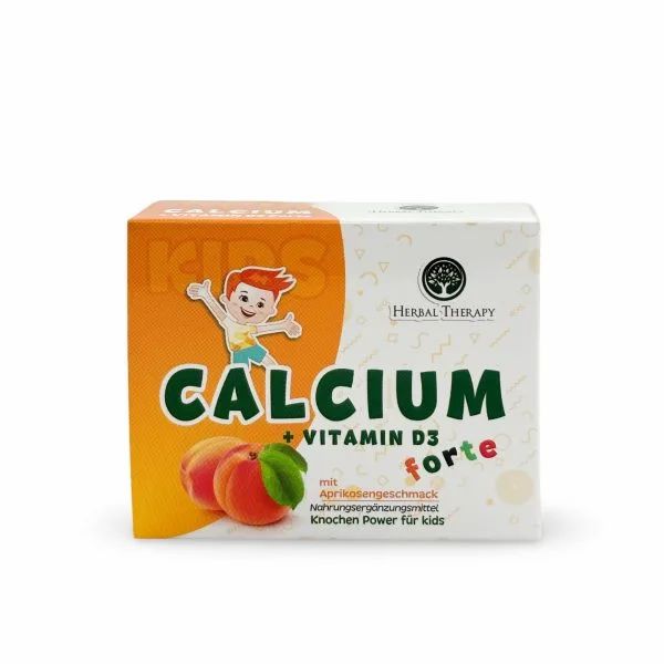 Boîte de produit. Inscription CALCIUM + VITAMINE D3 forte, goût abricot. Marque Herbal Therapy. Illustration d'abricots.