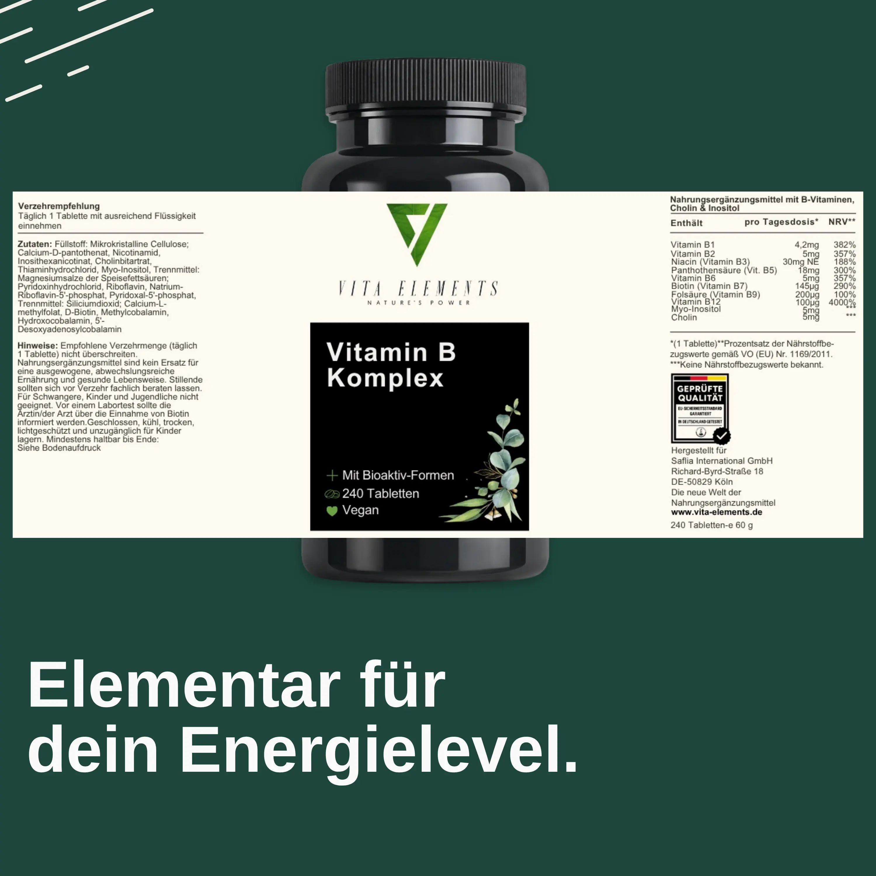 Arrière du pot Vita Elements Vitamin B Komplex avec informations nutritionnelles et sceaux.