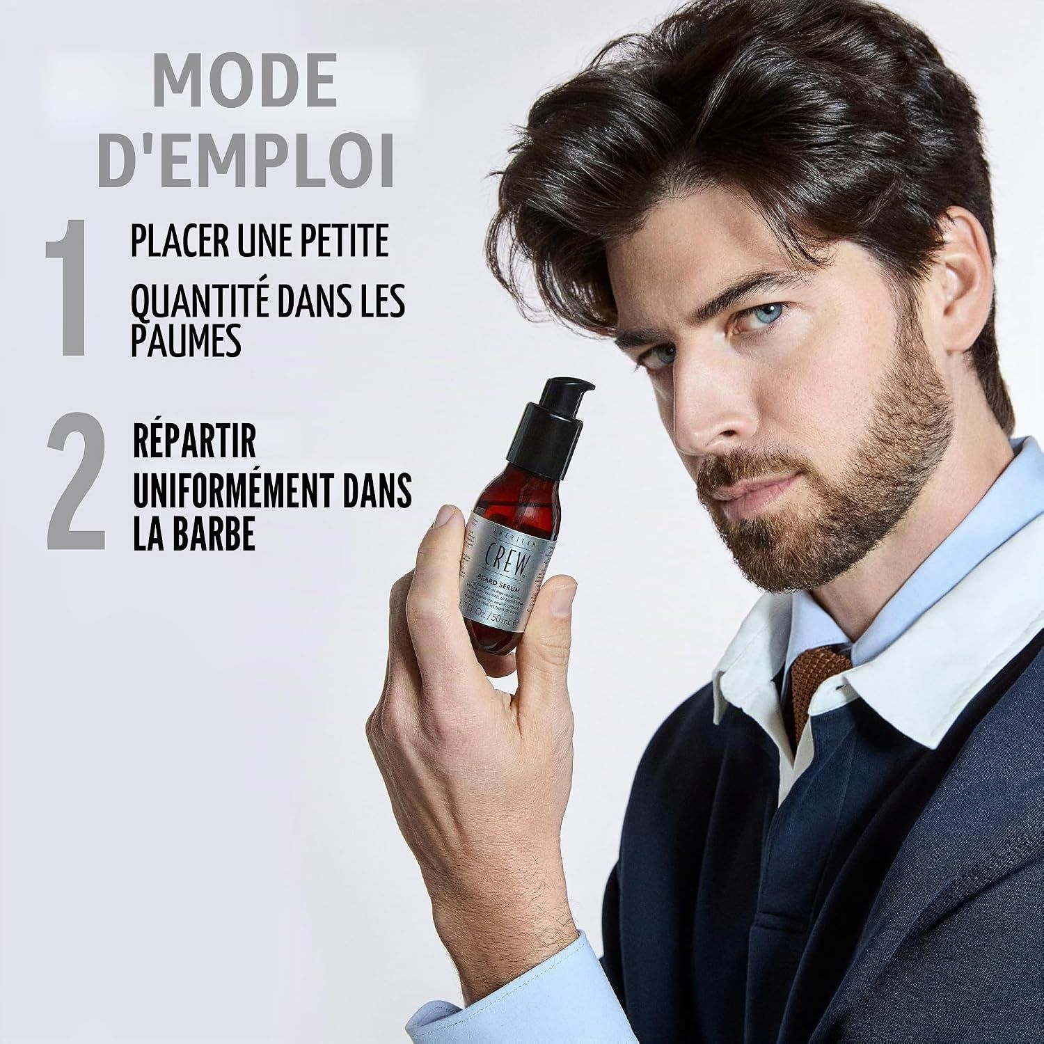 Homme tenant un flacon de sérum à barbe AMERICAN CREW, étapes d'application.
