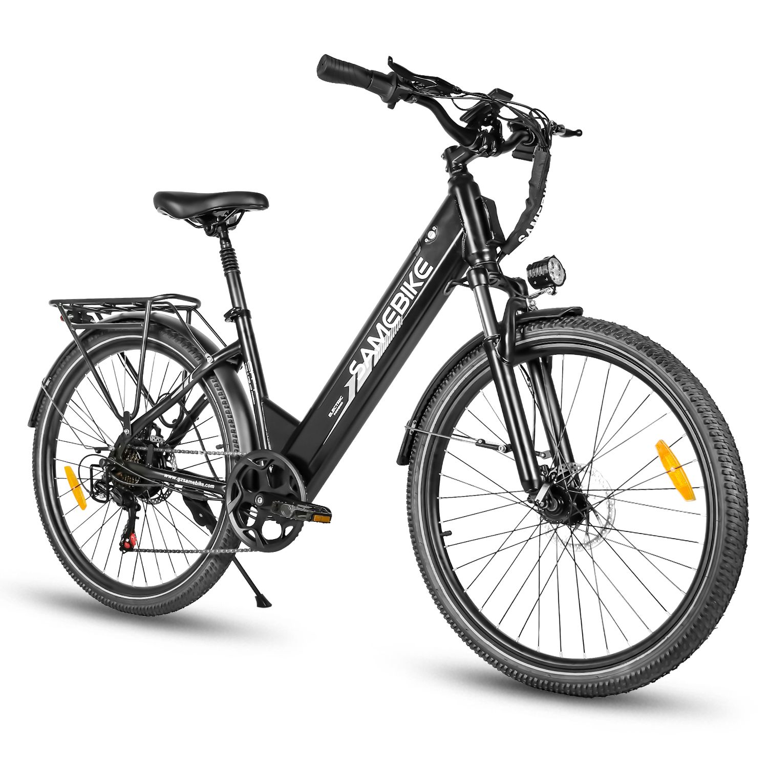 Zwarte SAMEBIKE RS-A01 Pro-T e-bike. Bagagedrager, spatborden, koplamp en achterlicht.