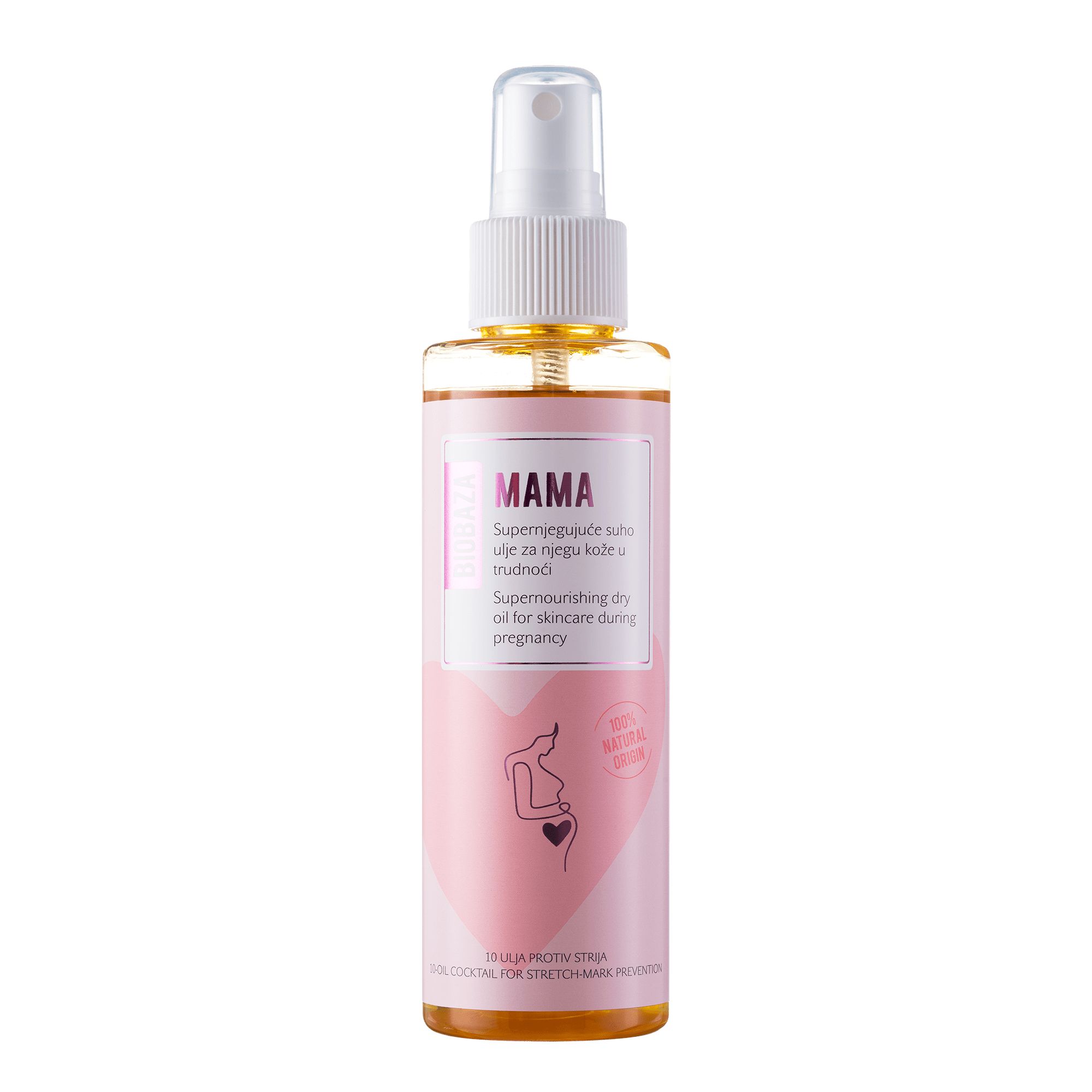 Flacon spray avec liquide jaunâtre. Étiquette rose avec texte et silhouette de femme enceinte. Texte : 'Huile sèche super nourrissante'.