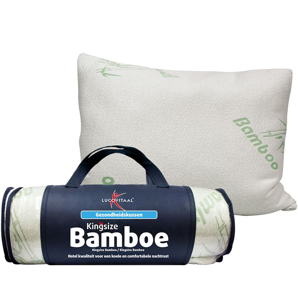 Oreiller et oreiller roulé en sac. Inscription "Bamboe" et "Kingsize". Marque Lucovitaal.