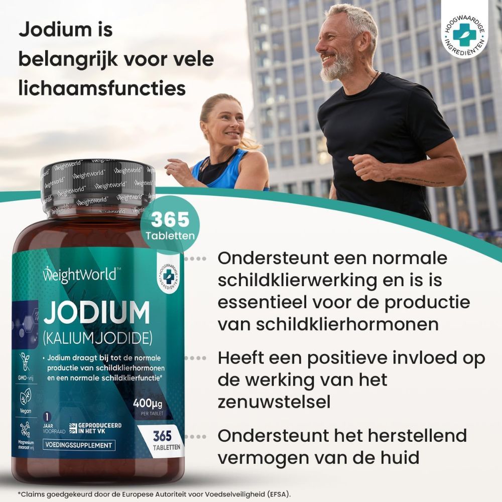 Man en vrouw joggen. Fles met tabletten. Tekst: Jodium is belangrijk voor vele lichaamsfuncties. 365 tabletten.