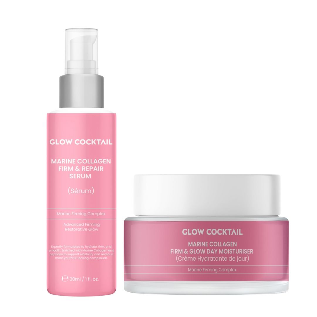 Deux produits cosmétiques : sérum en flacon rose avec vaporisateur et crème de jour en pot rose avec couvercle blanc. Les deux portent l'inscription Glow Cocktail.