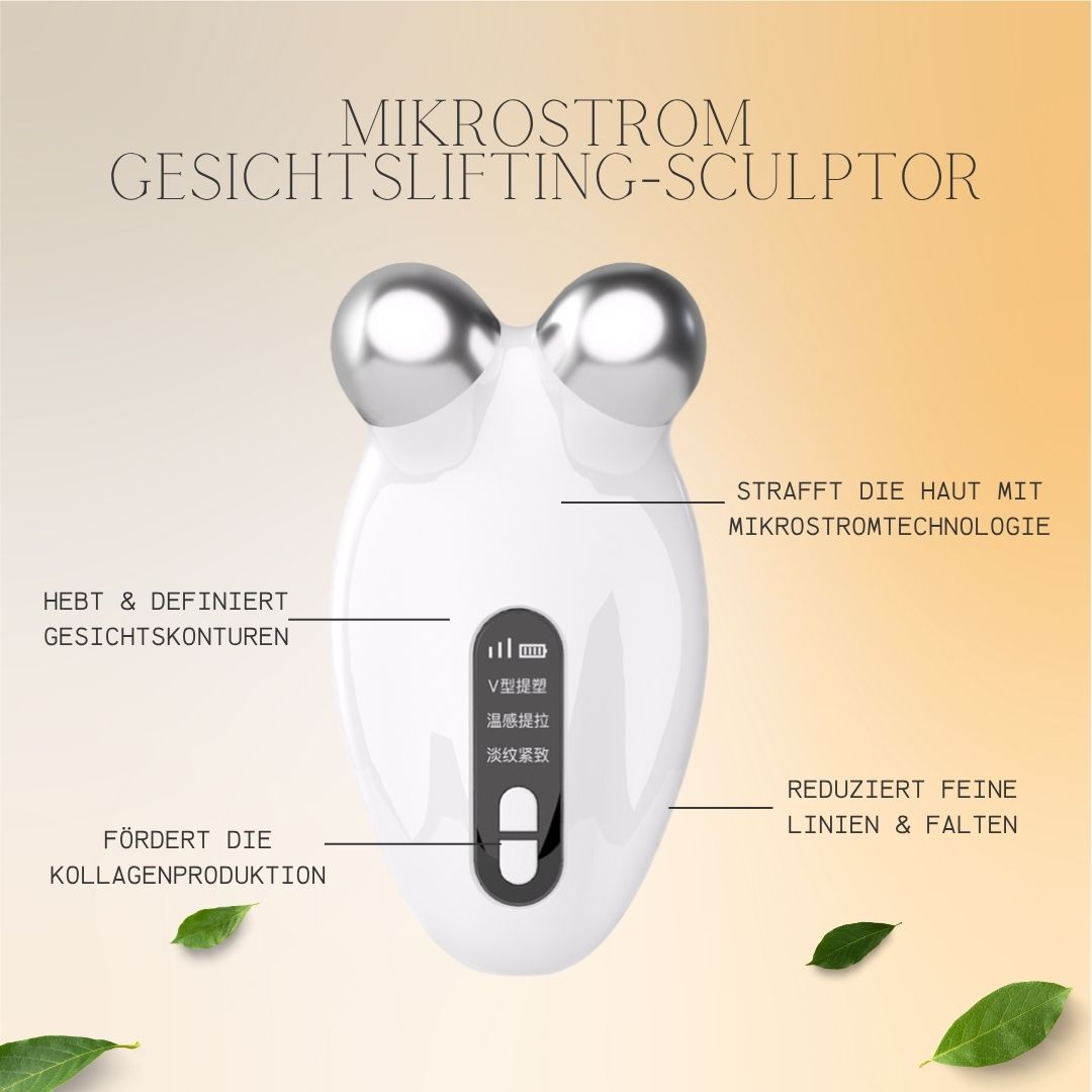 Appareil de lifting facial blanc avec deux sphères argentées. Il possède un panneau de commande avec des symboles et du texte. Le texte est "Mikrostrom Gesichtslifting-Sculptor".