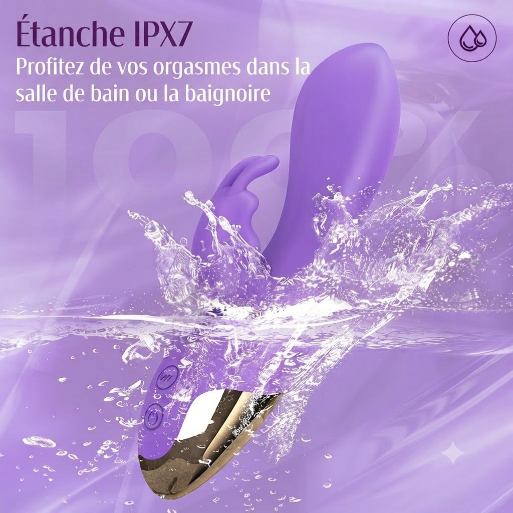 Vibrateur violet certifié IPX7, immergé dans l'eau.
