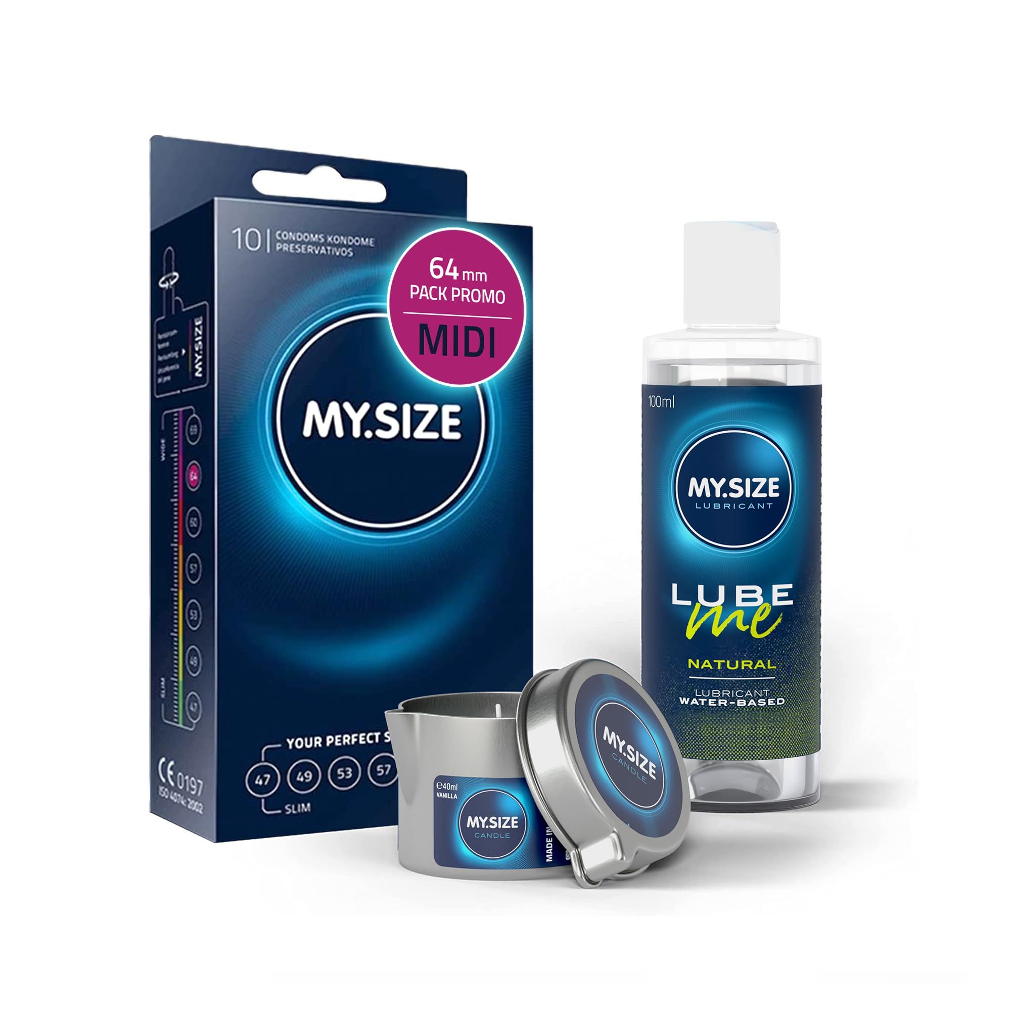 MY.SIZE PRO Préservatifs + LUBE ME Natural + Body Candle Set