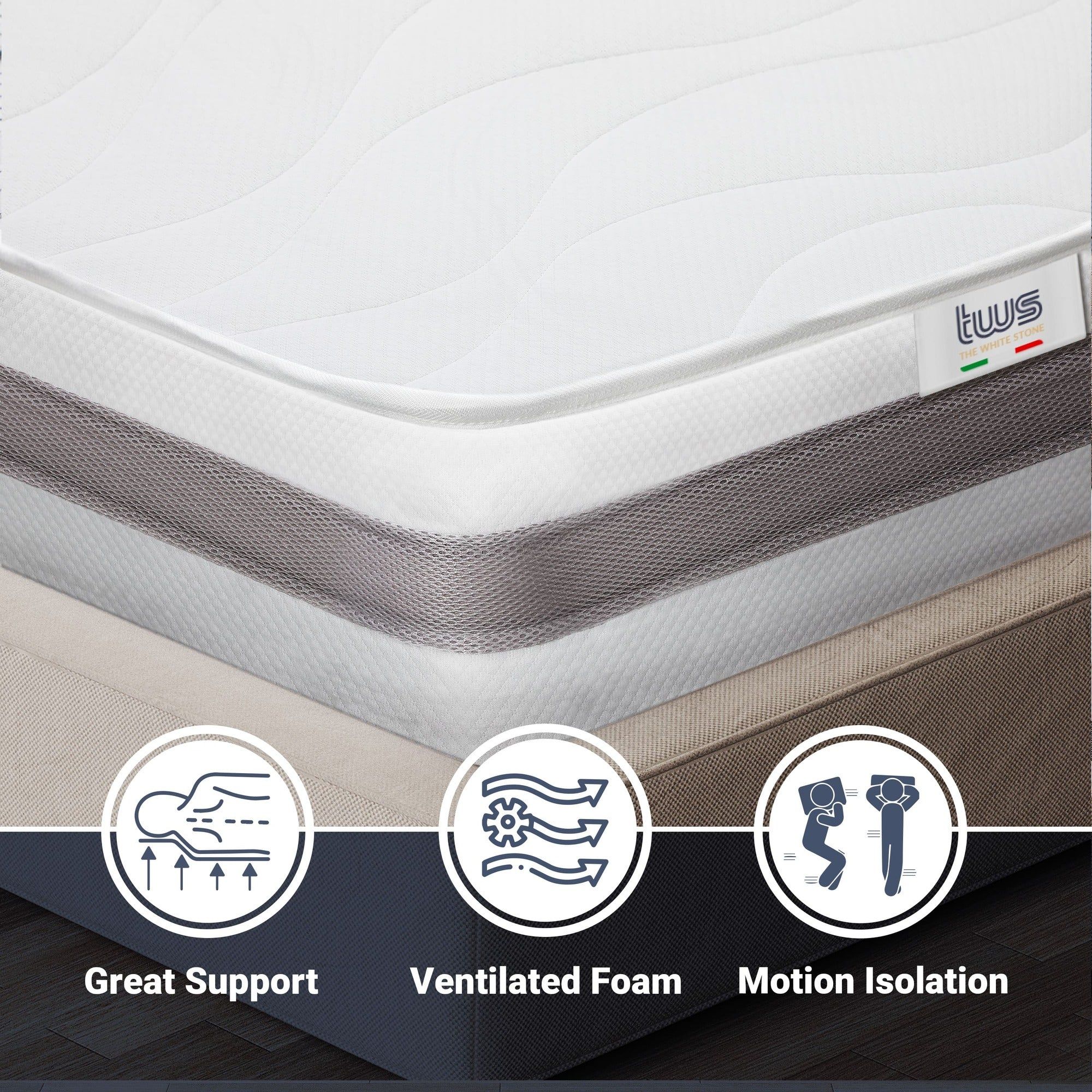 The White Stone Matras 200x200 cm Antibacterieel Schuim | Hoogte 20 cm | 3D Air Hypoallergeen Hoes