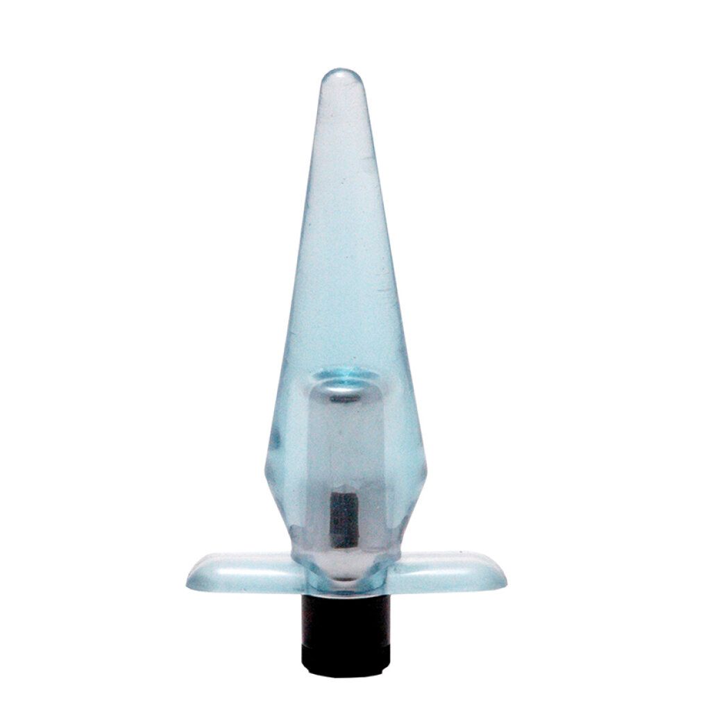 Lichtblauwe anale plug met conische punt, zilverkleurig middengedeelte en basis. Met handvat met vier vleugels.