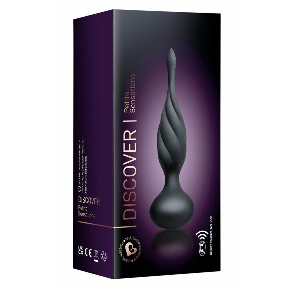 Stimulateur anal noir au design torsadé avec une base large, dans son emballage.