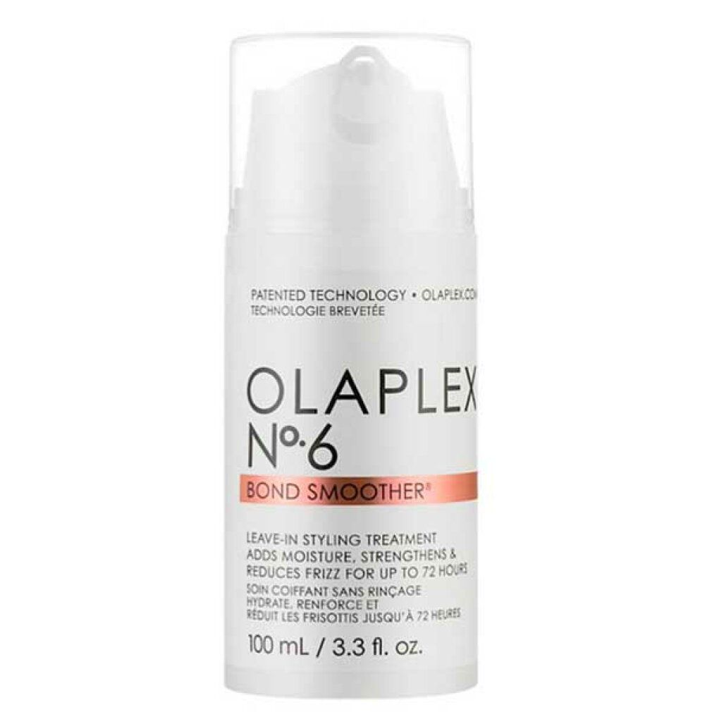 Flacon blanc Olaplex No.6 Bond Smoother. Bande marron avec texte. 100 ml/3.3 fl. oz. Bouchon.