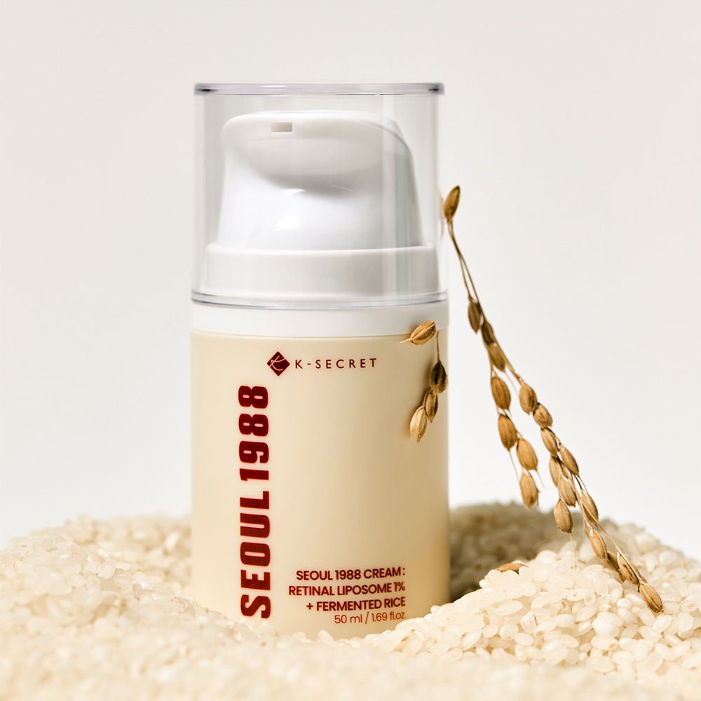 Crème K-Secret Seoul 1988 avec rétinal liposome 1% et riz fermenté, dans un flacon pompe.