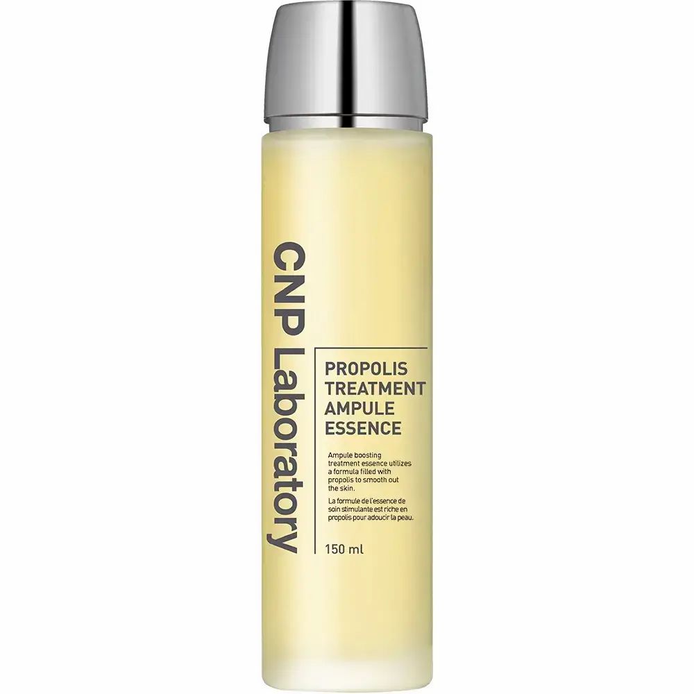 CNP Laboratory Propolis Treatment Ampoule. Gele vloeistof in cilindrische fles met zilveren dop. Productnaam en tekst.