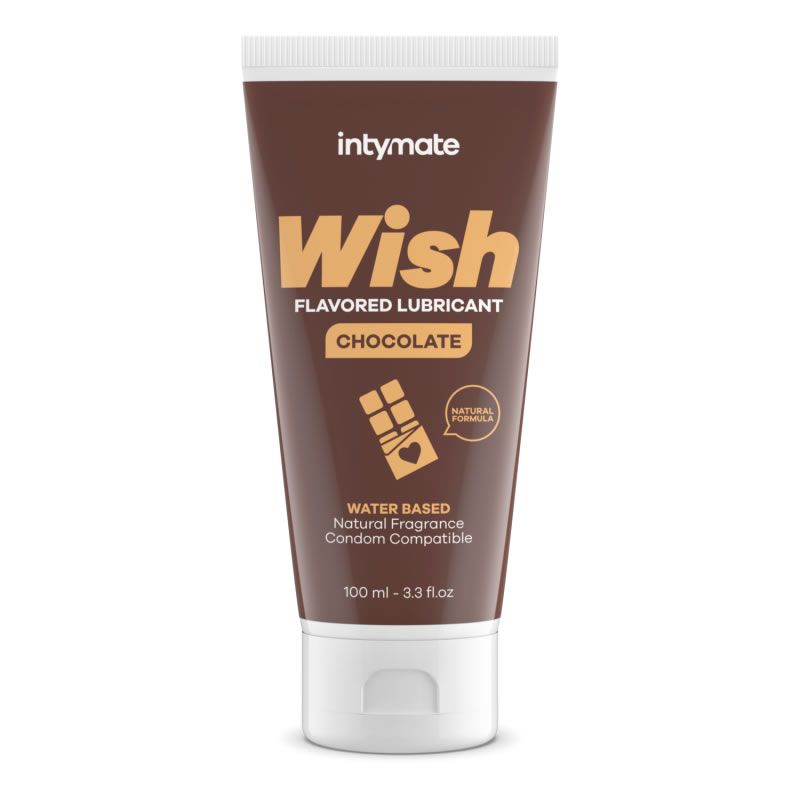 Bruine tube met witte dop. Opschrift: Intymate Wish, glijmiddel met chocoladesmaak. Bevat 100 ml. Op waterbasis, natuurlijke geur.