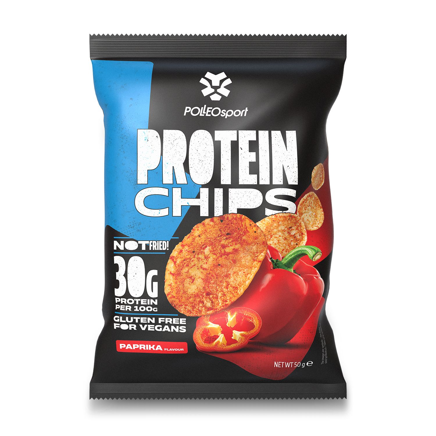 Sachet noir de chips protéinées saveur paprika. Inscription : Protein Chips, logo Polleo Sport, 30g protéines, sans gluten.