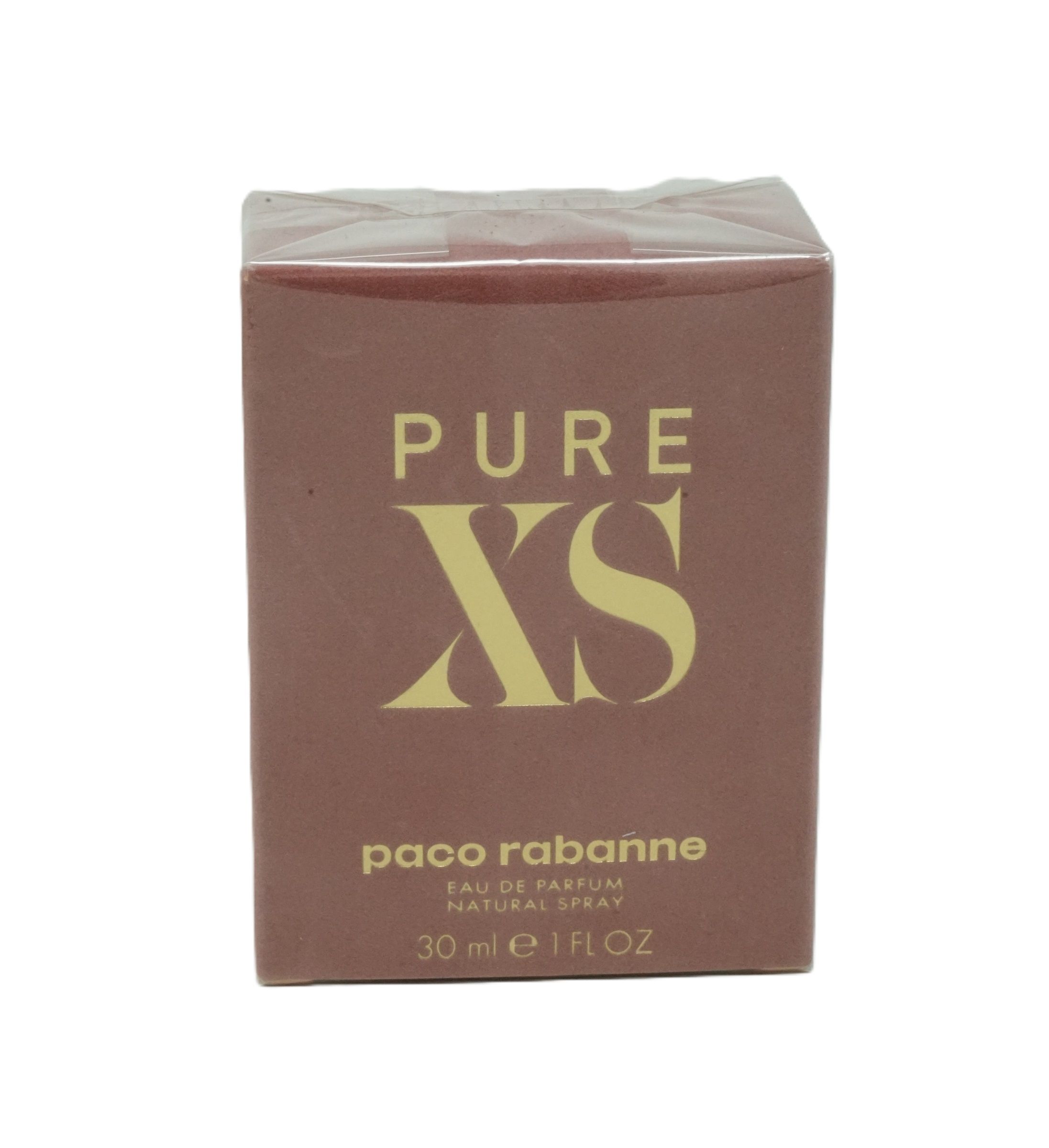 Bruine verpakking met gouden opschrift: PURE XS, paco rabanne, Eau de Parfum Natural Spray, 30 ml.