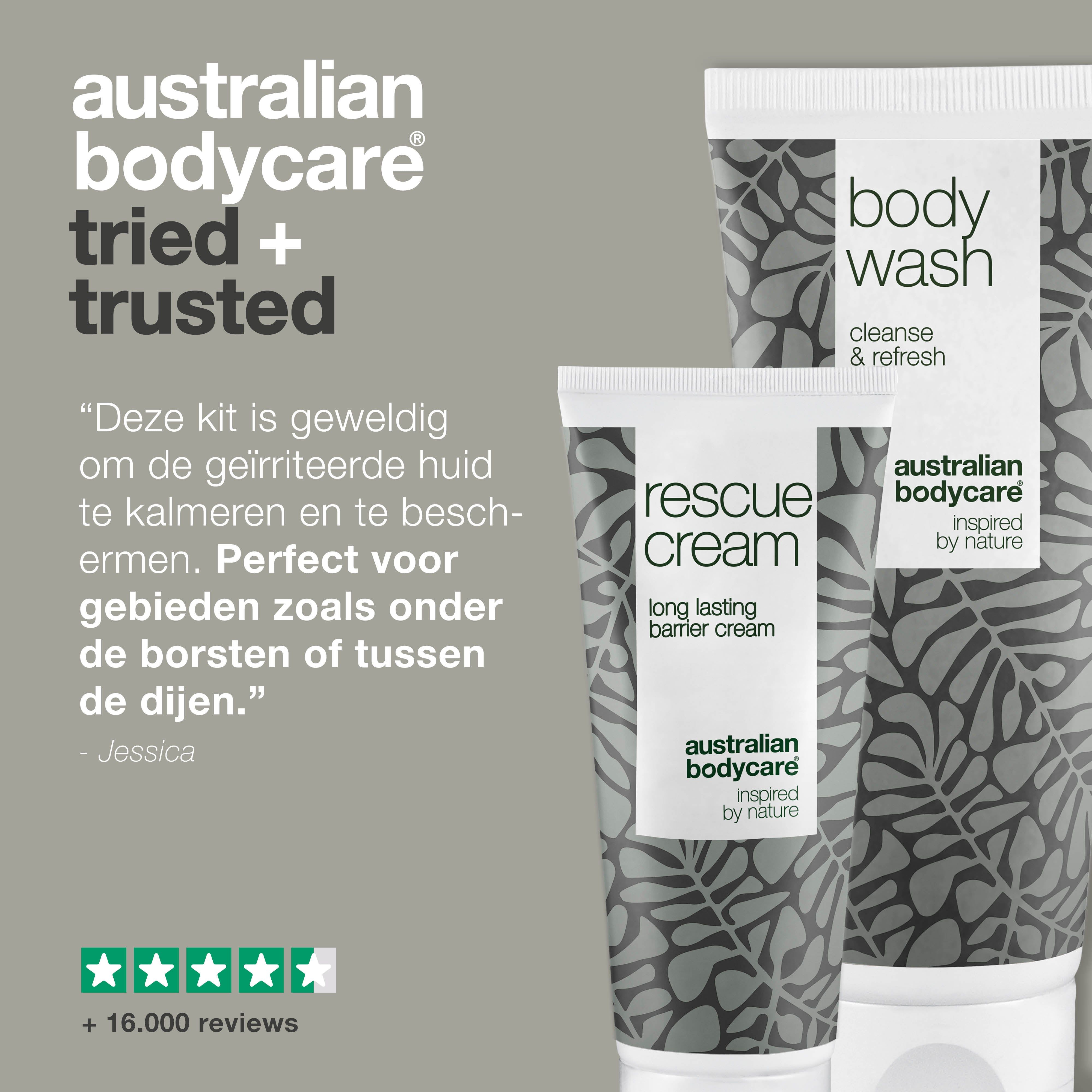 Grafiek: Australian Bodycare tried + trusted. Citaat, 5 sterren, twee tubes: Body Wash en Rescue Cream.