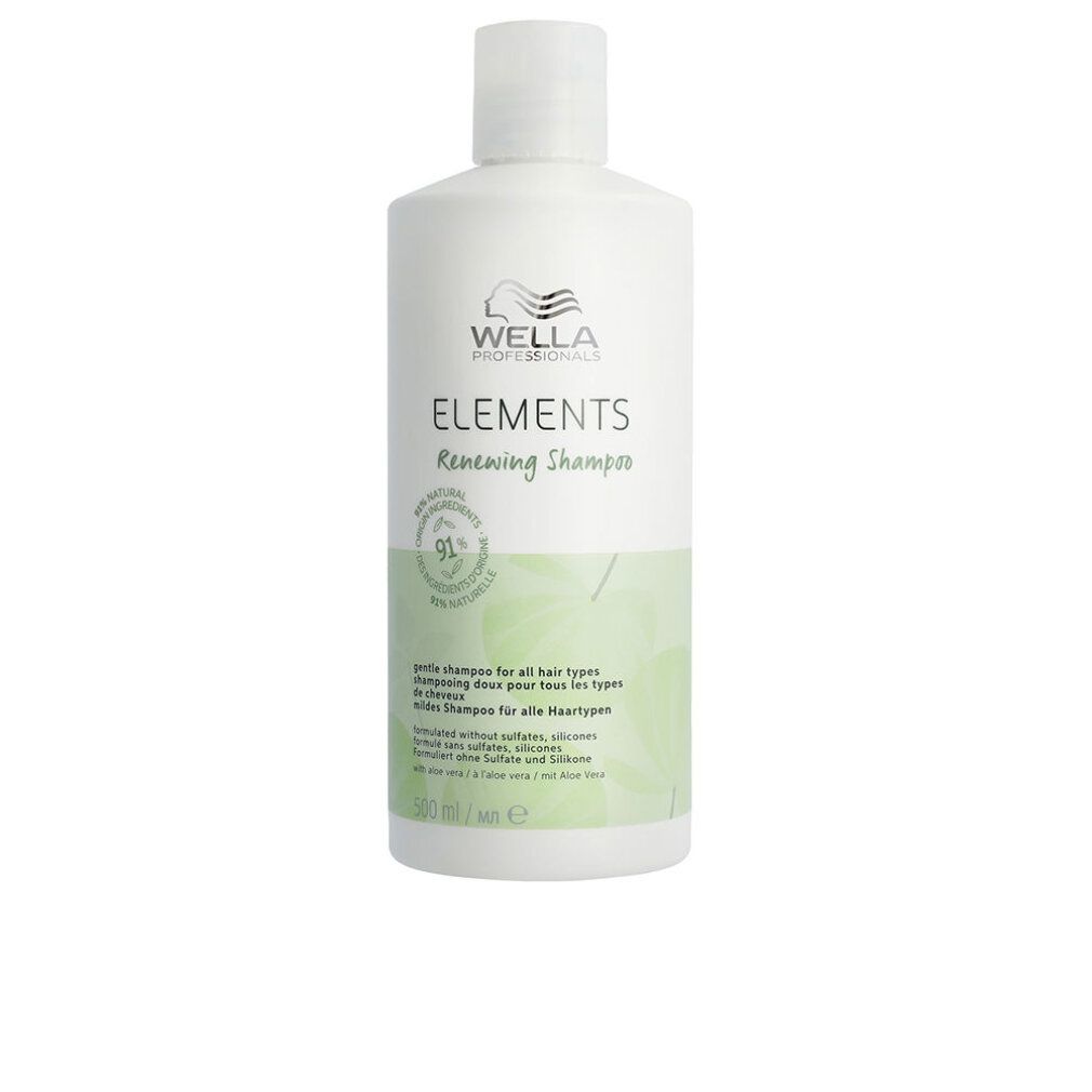 Flacon de shampooing blanc avec étiquette verte. Inscription: Wella Elements Renewing Shampoo. 500 ml.