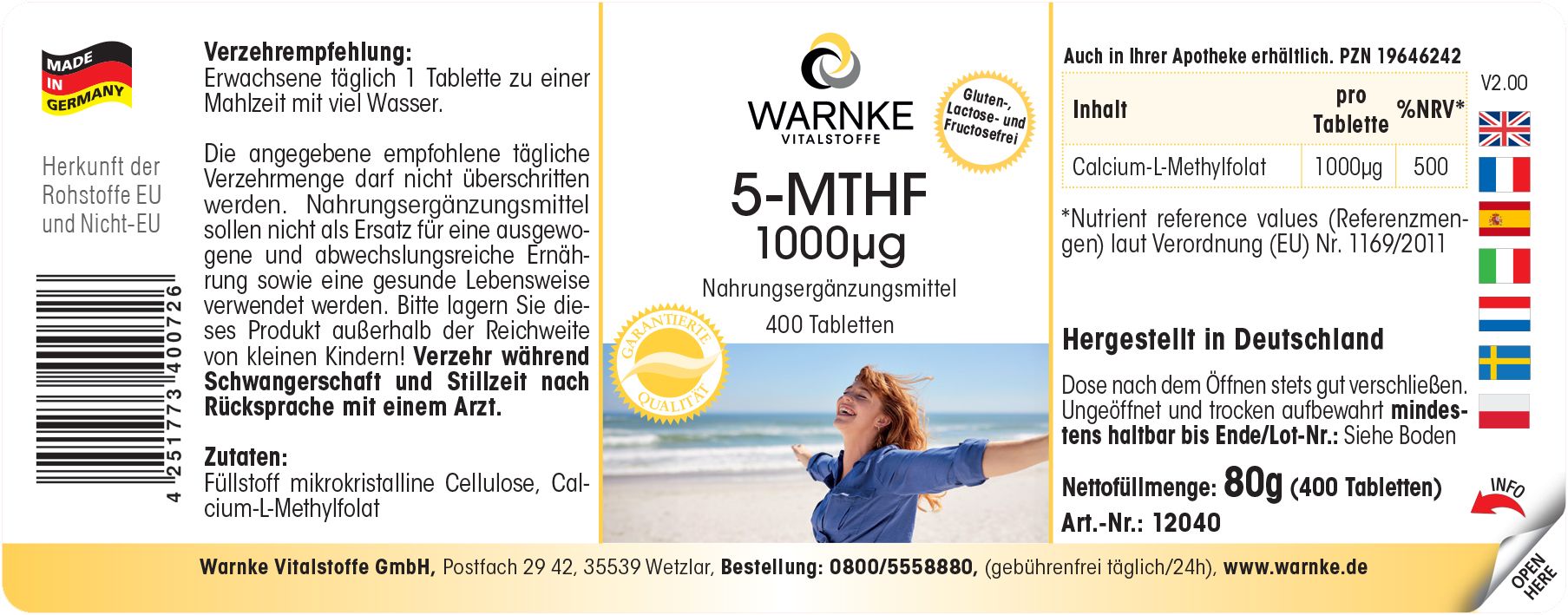 Étiquette sur flacon de pilules blanc. Inscription: WARNKE, 5-MTHF 1000µg, complément alimentaire, 400 comprimés. Sans gluten, lactose et fructose.