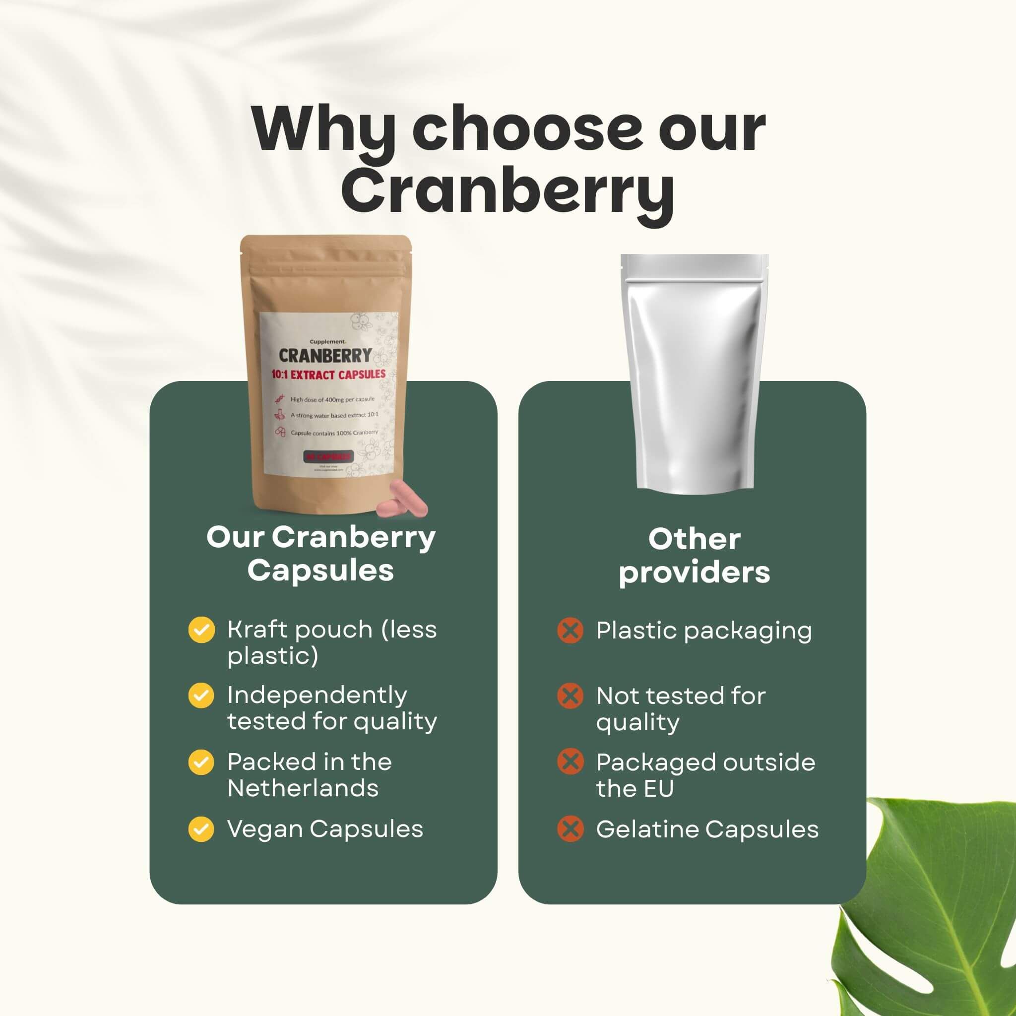 Comparaison : gélules de canneberge vs. autres fournisseurs. Texte : Sachet en papier kraft, gélules végétaliennes. Autres : emballage plastique, gélules de gélatine.