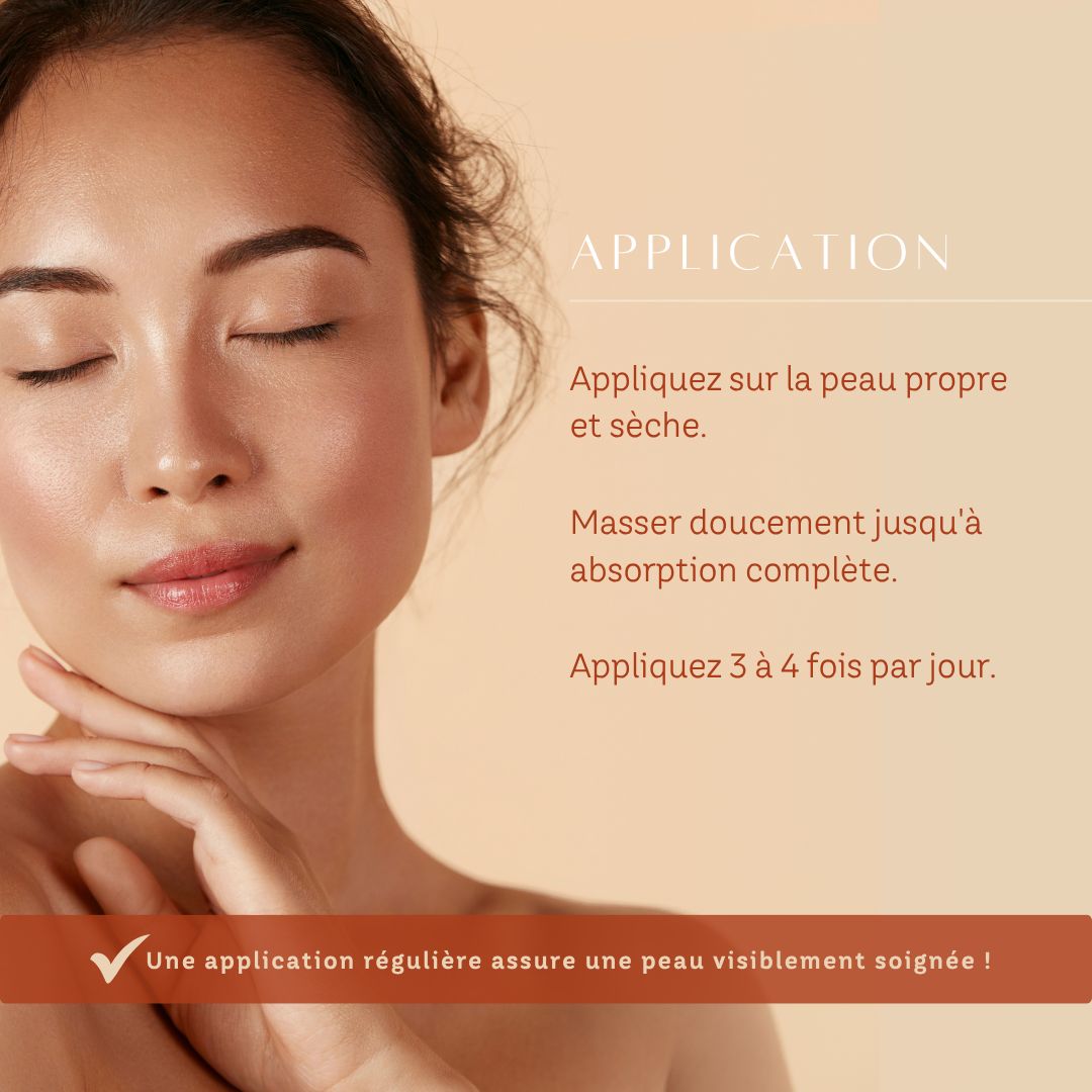 Bouteille d'huile corporelle sur des pierres, à côté d'un sceau 'Qualité Vérifiée'.