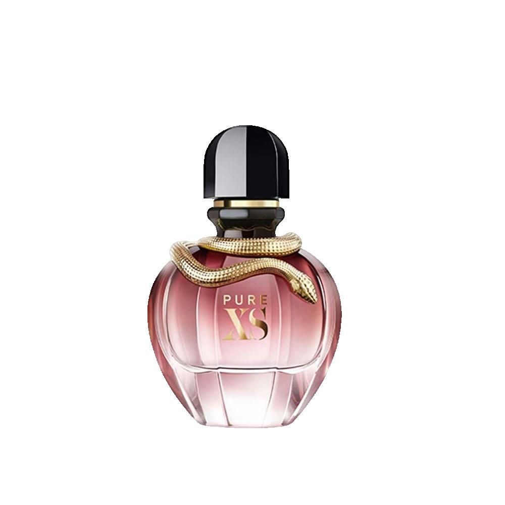Roze-violet parfumflesje, zwarte dop, gouden slang. Opschrift: PURE XS.