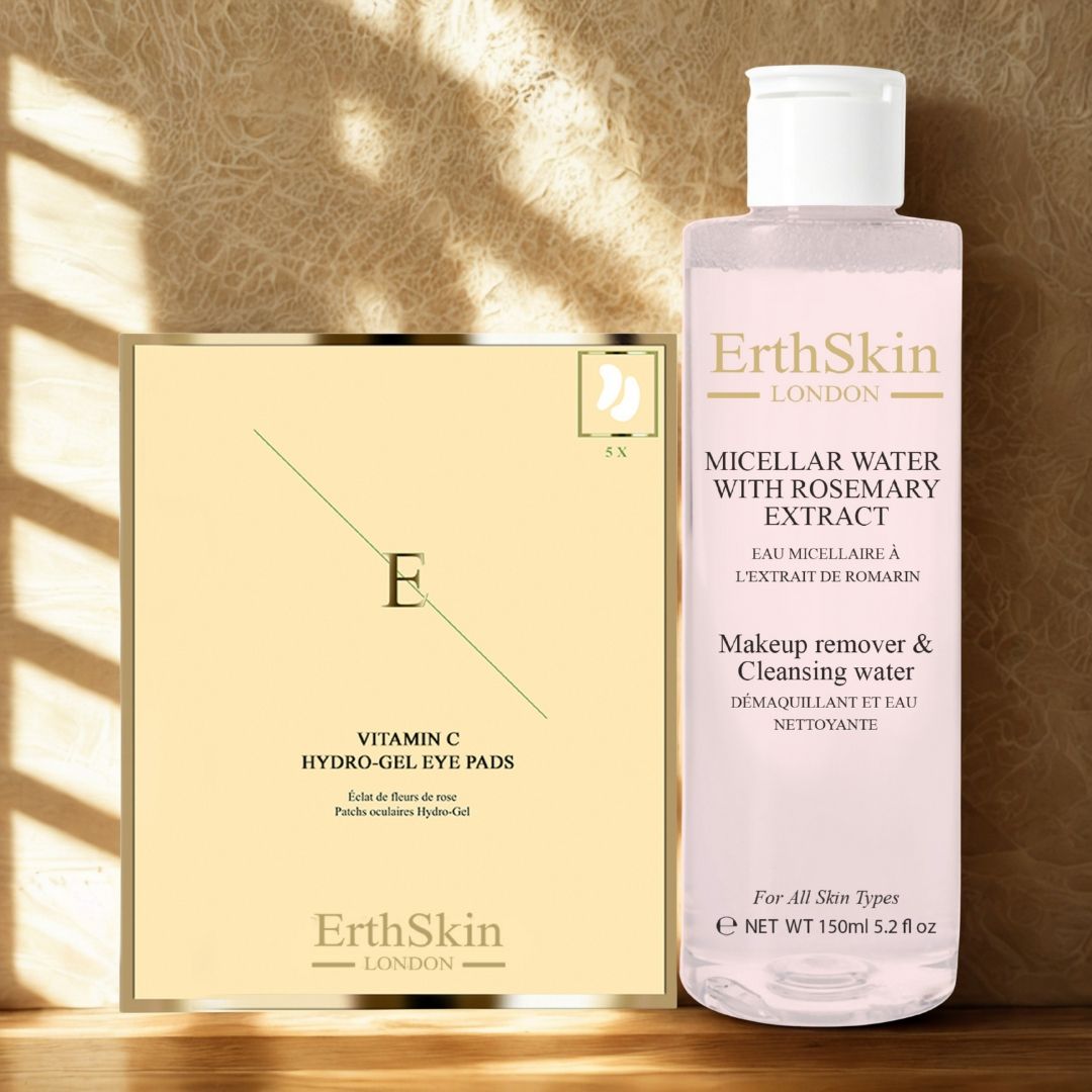 ErthSkin London, coussinets pour les yeux et eau micellaire. Boîte dorée, flacon de liquide rose et bouchon blanc.