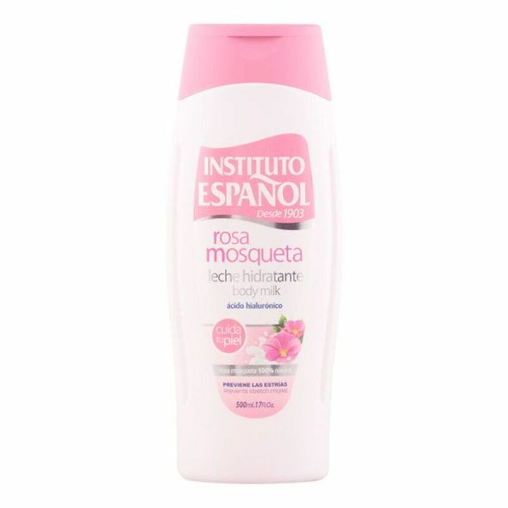 Lait corporel Rosa Mosqueta Instituto Español avec acide hyaluronique, flacon blanc et bouchon rose.