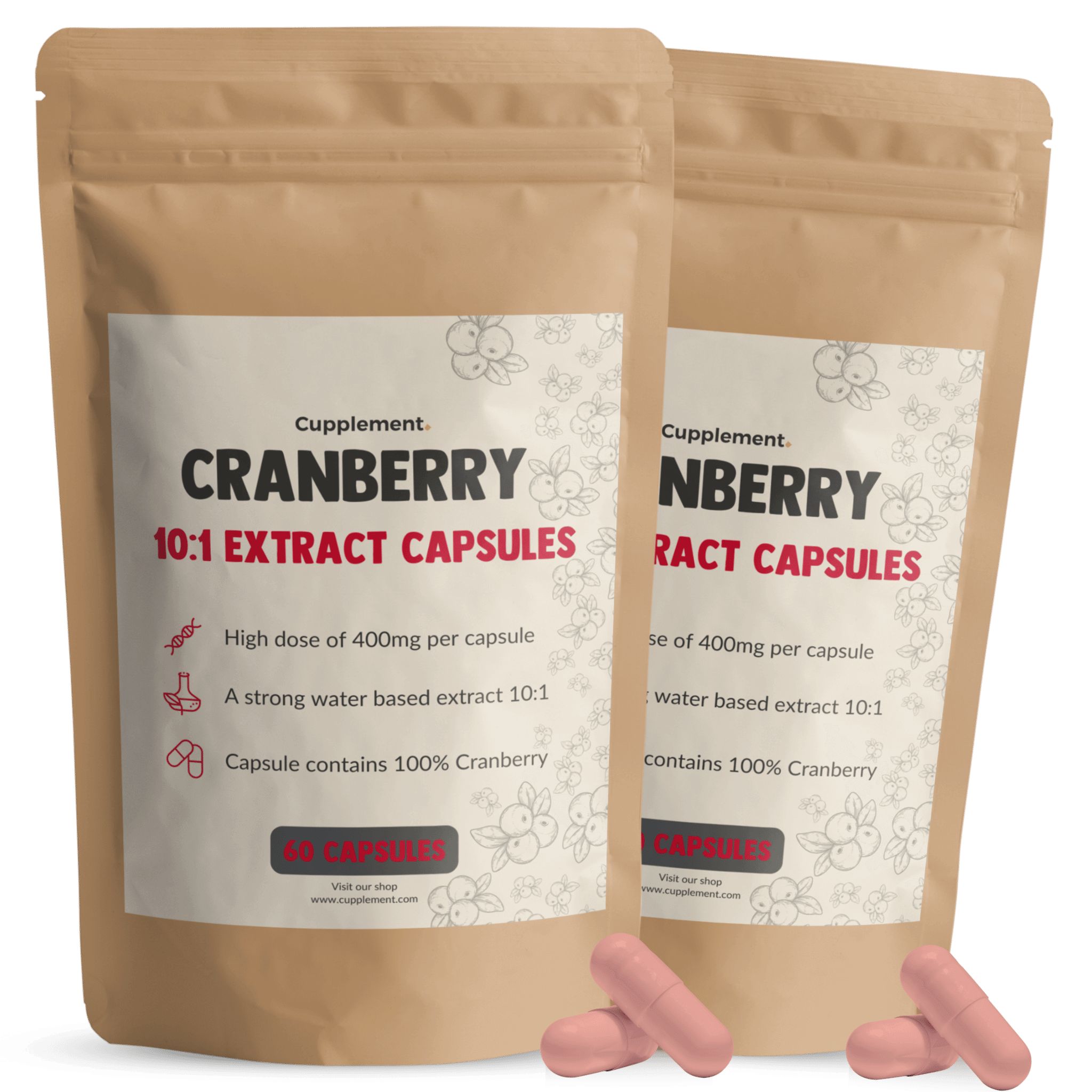Twee zakjes Cupplement Cranberry Extract. Opschrift: 10:1 extract, 400mg per capsule. Roze capsules ernaast.