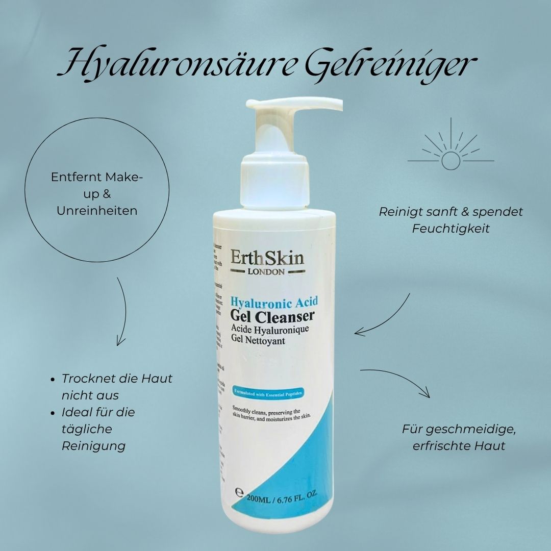 Flacon avec pompe. ErthSkin London Hyaluronic Acid Gel Cleanser. Texte sur les avantages. 200ml.