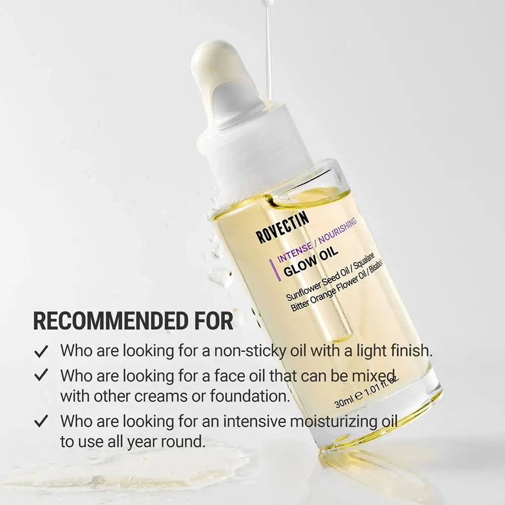 Gezichtsolie fles met pipet, licht gekanteld. Tekst: ROVECTIN, INTENSE / NOURISHING GLOW OIL. Ingrediënten. 30ml. Aanbevelingen.