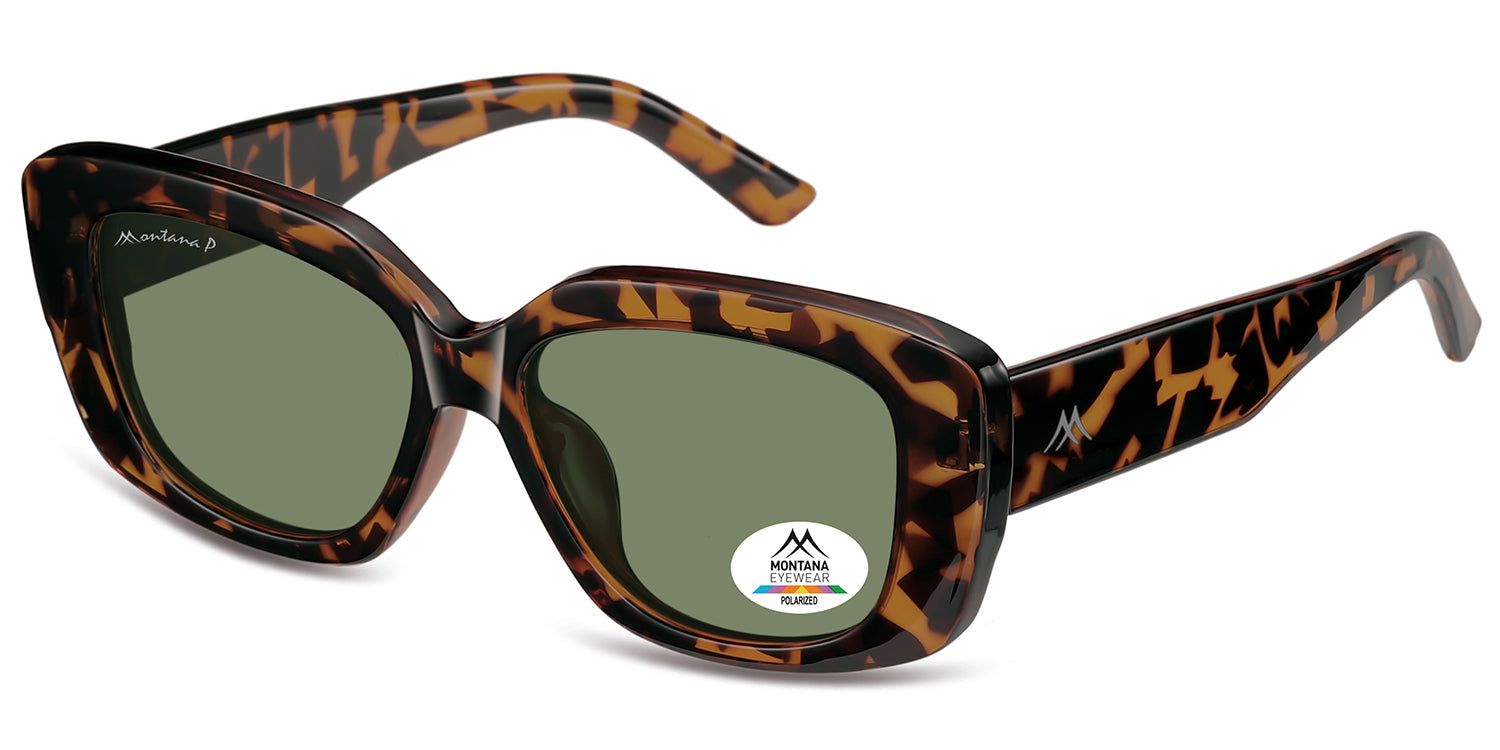 Lunettes de soleil marron à motif écaille. Verres verts. Logo et texte Montana Eyewear. Polarisé.