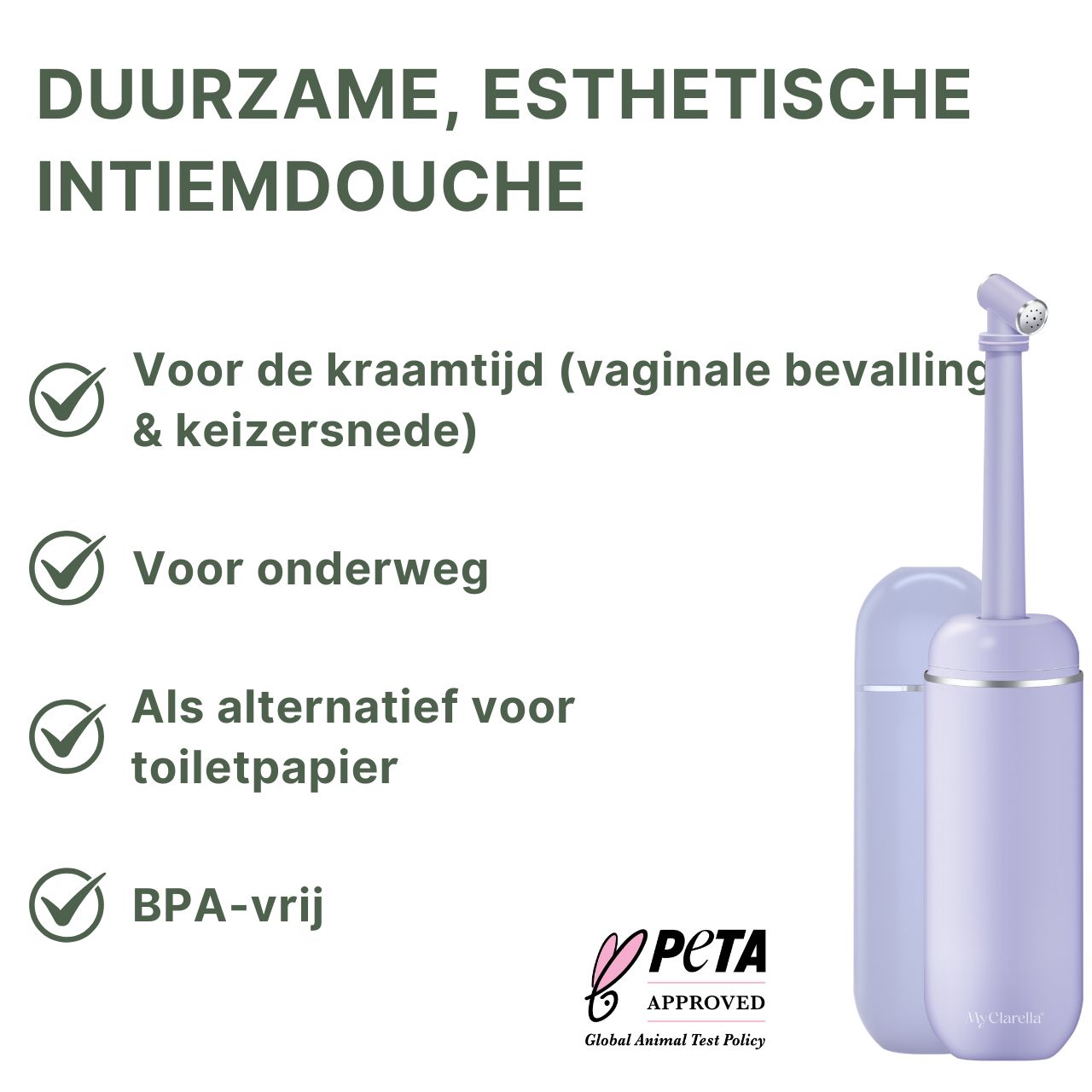 Paarse intieme douche. PETA-keurmerk. Tekst: Duurzame, esthetische intieme douche. Voor kraamtijd, onderweg, als alternatief voor toiletpapier, BPA-vrij.
