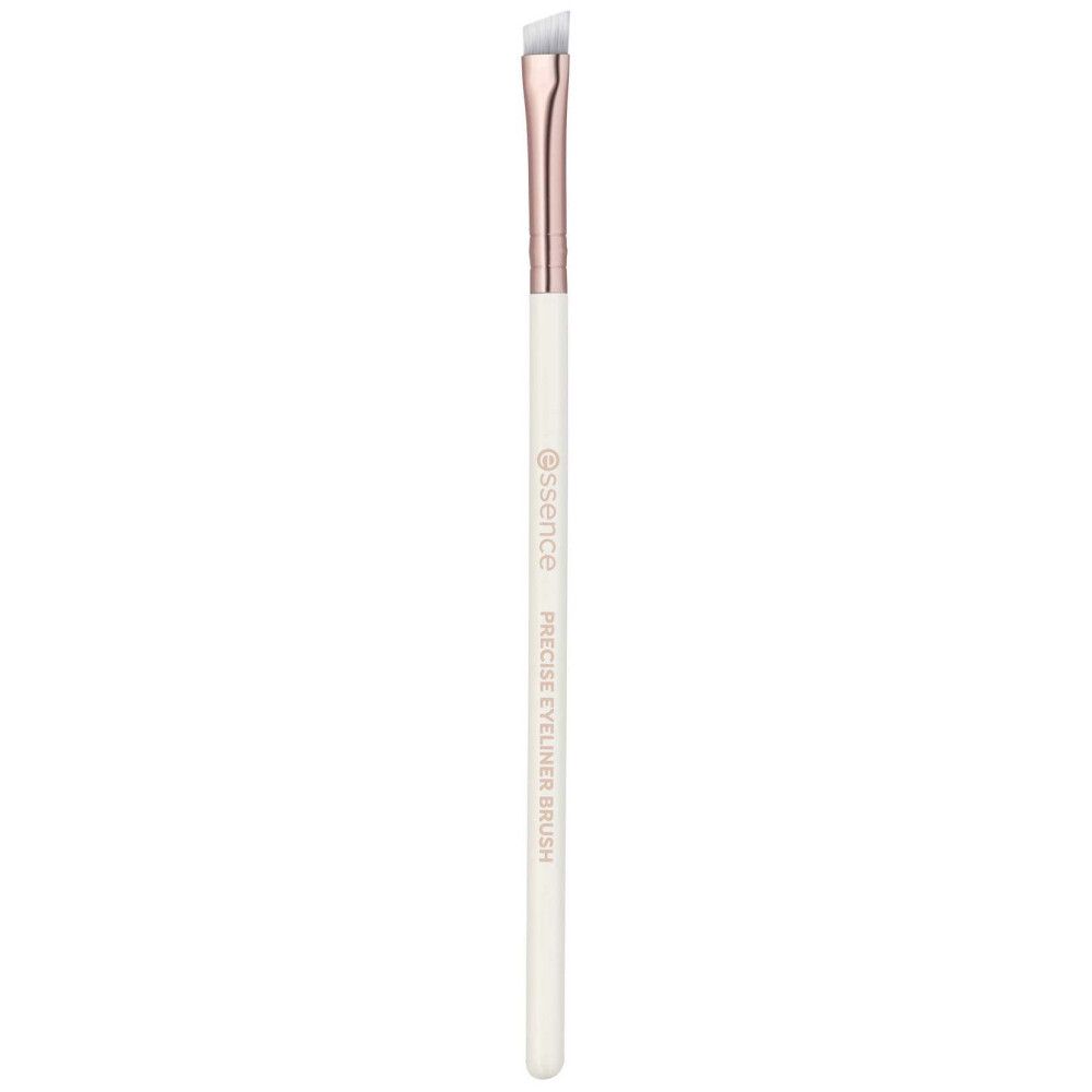 Pinceau eyeliner blanc, pointe biseautée, virole or rose. Inscription: Essence Precise Eyeliner Brush.