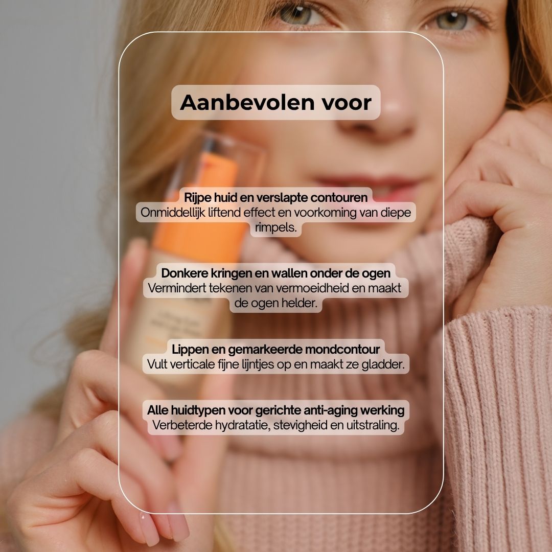 Vrouw houdt gelfles vast. Tekst: Aanbevolen voor: lippen & mondcontour, rijpere huid, donkere kringen, alle huidtypen. Dr. SEA.