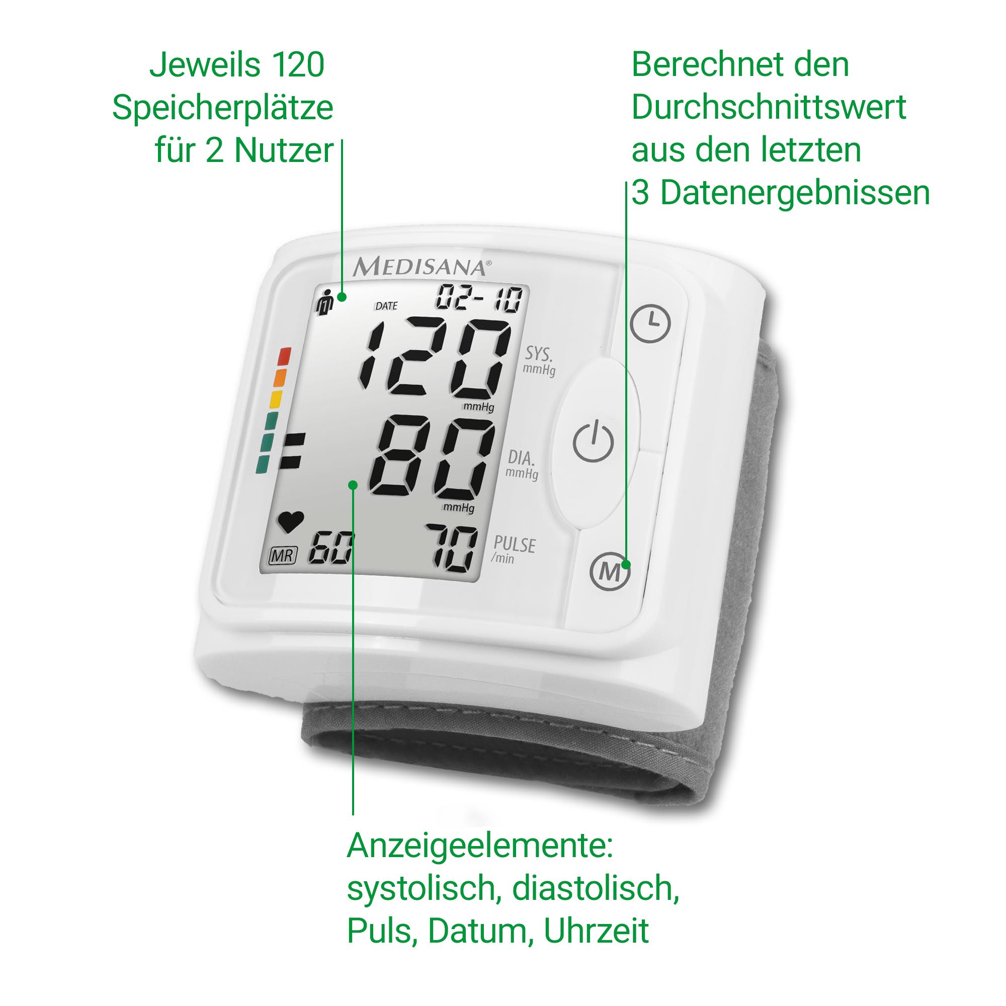 Medisana BW 320: 120 geheugenplaatsen per gebruiker, gemiddelde berekening, weergave pols, datum.
