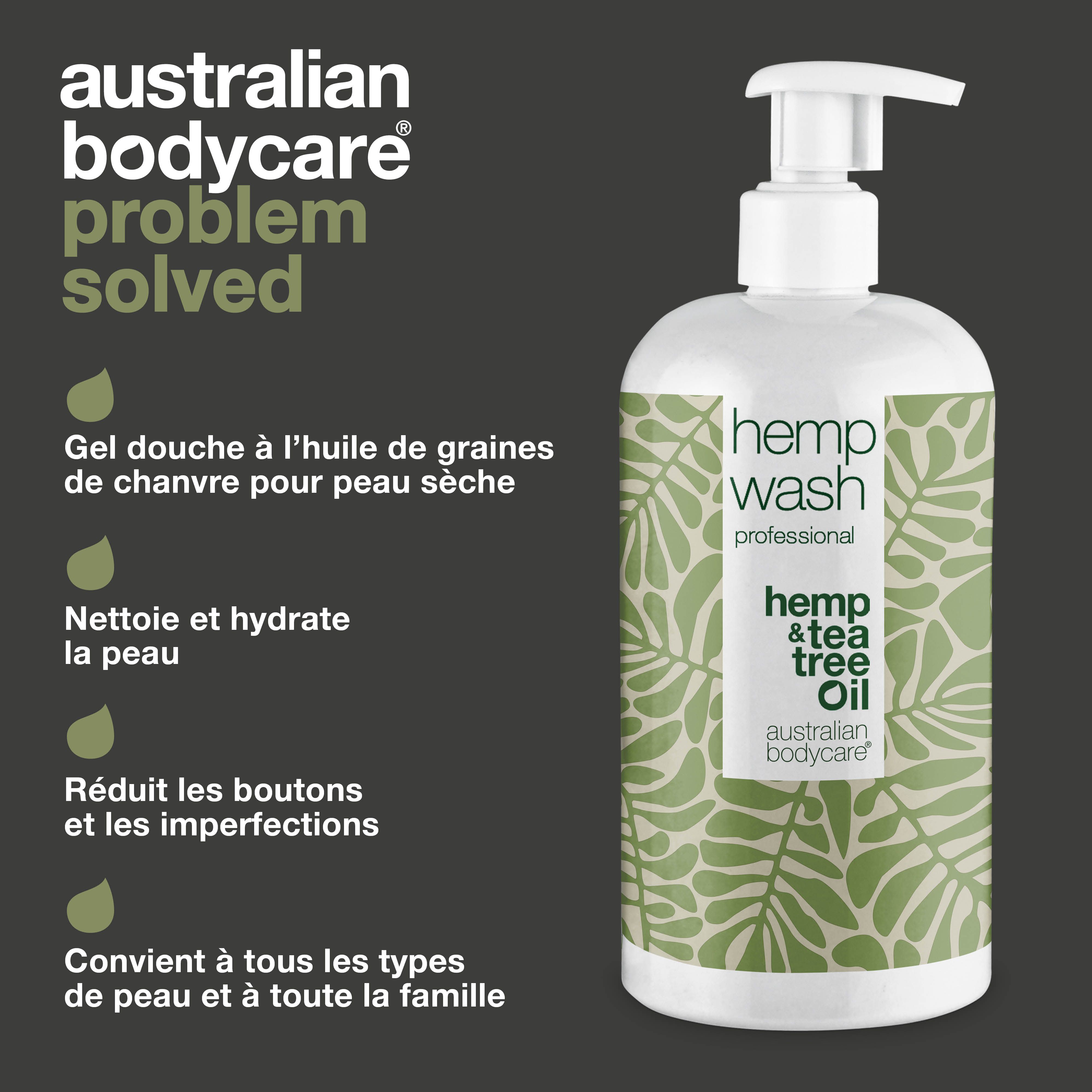 Produit à côté du texte: gel douche à l'huile de graines de chanvre, nettoie, apaise, hydrate, contre les boutons, tous types de peau.
