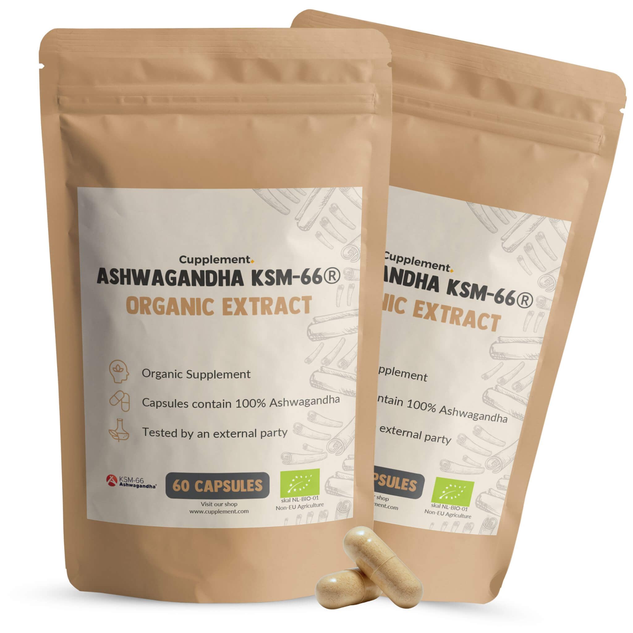 Deux sachets de gélules Ashwagandha KSM-66. Inscription : Organic Extract, 60 gélules. Emballage brun.
