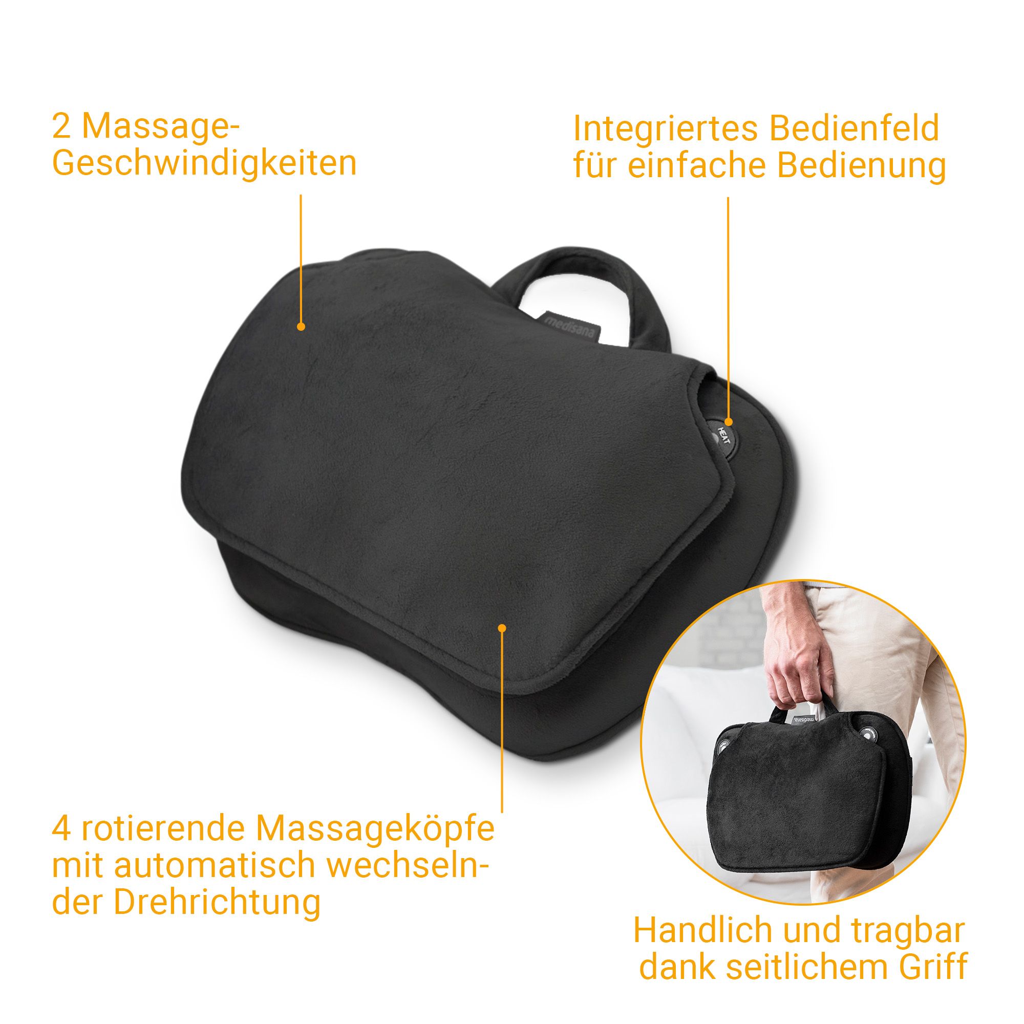 Coussin de massage Shiatsu noir avec annotations : 2 vitesses, 4 têtes rotatives, panneau de commande intégré, portable.