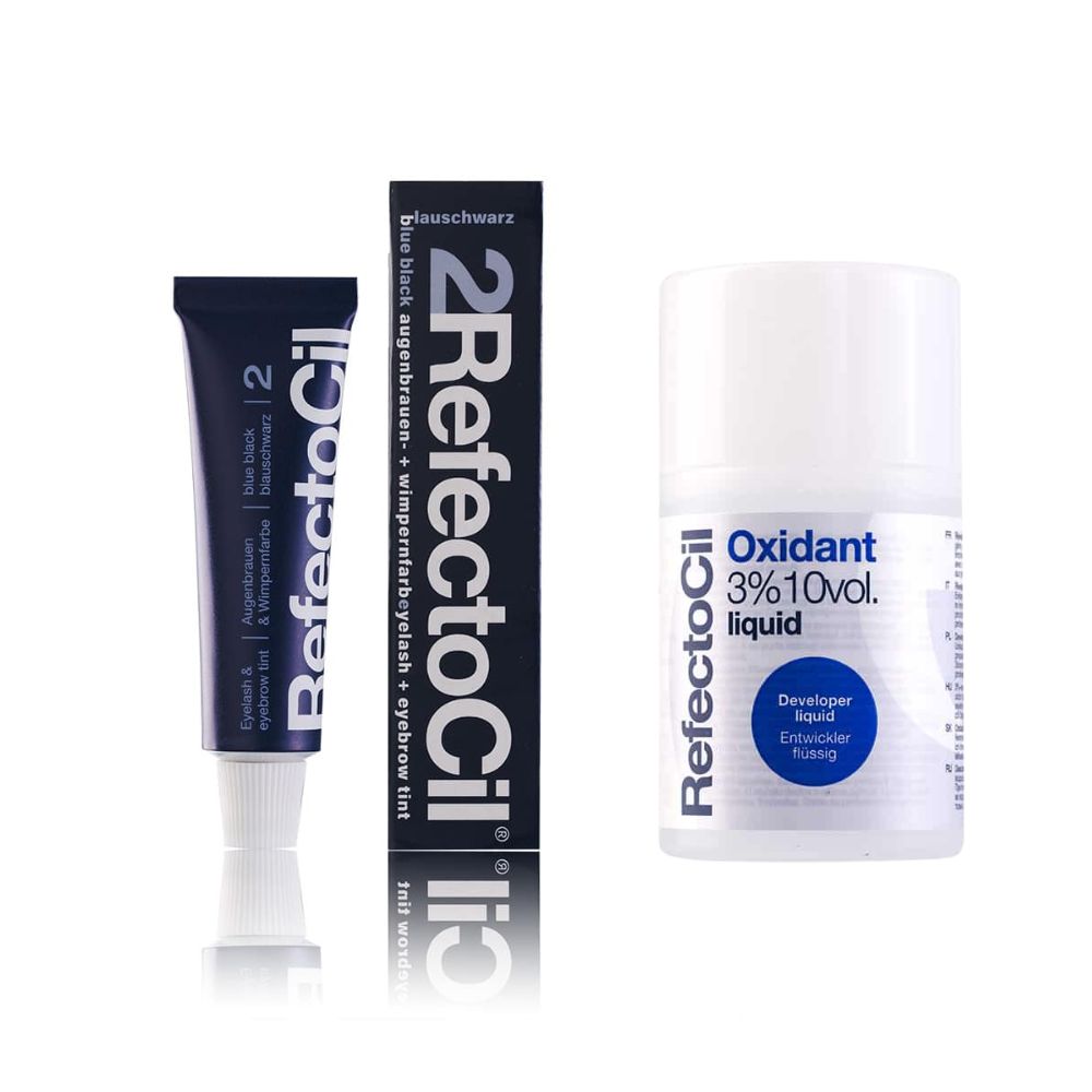 Set van blauwzwarte wimperverf en oxidant vloeistof. Bevat een tube en een fles met productaanduidingen. Merk: RefectoCil.
