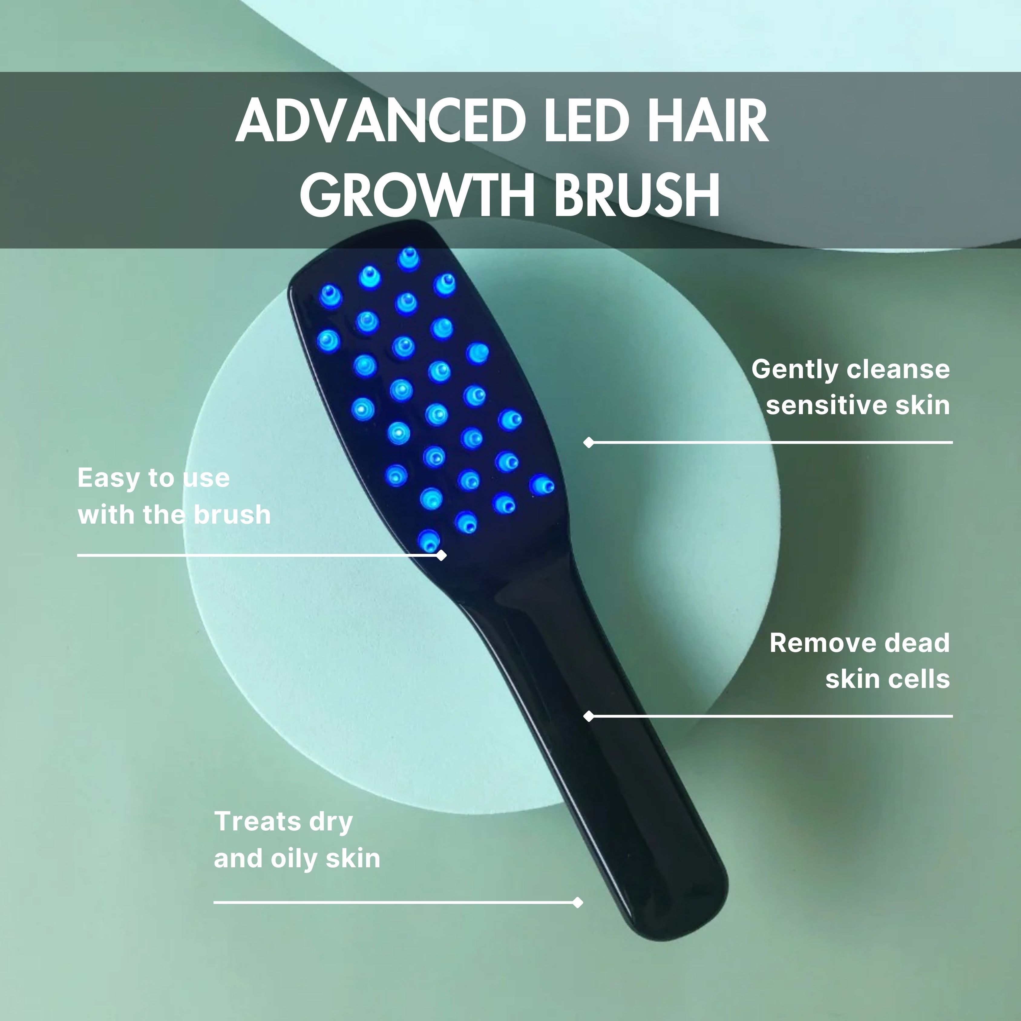 Brosse à cheveux noire avec LED bleues. Texte: Advanced LED Hair Growth Brush, nettoie en douceur, élimine les cellules mortes.