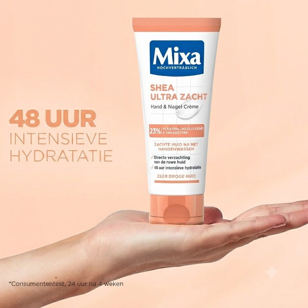 Mixa Hand & Nagel crème in witte tube met oranje dop. Tekst: Shea Ultra Zacht, 48 uur intensieve hydratatie.
