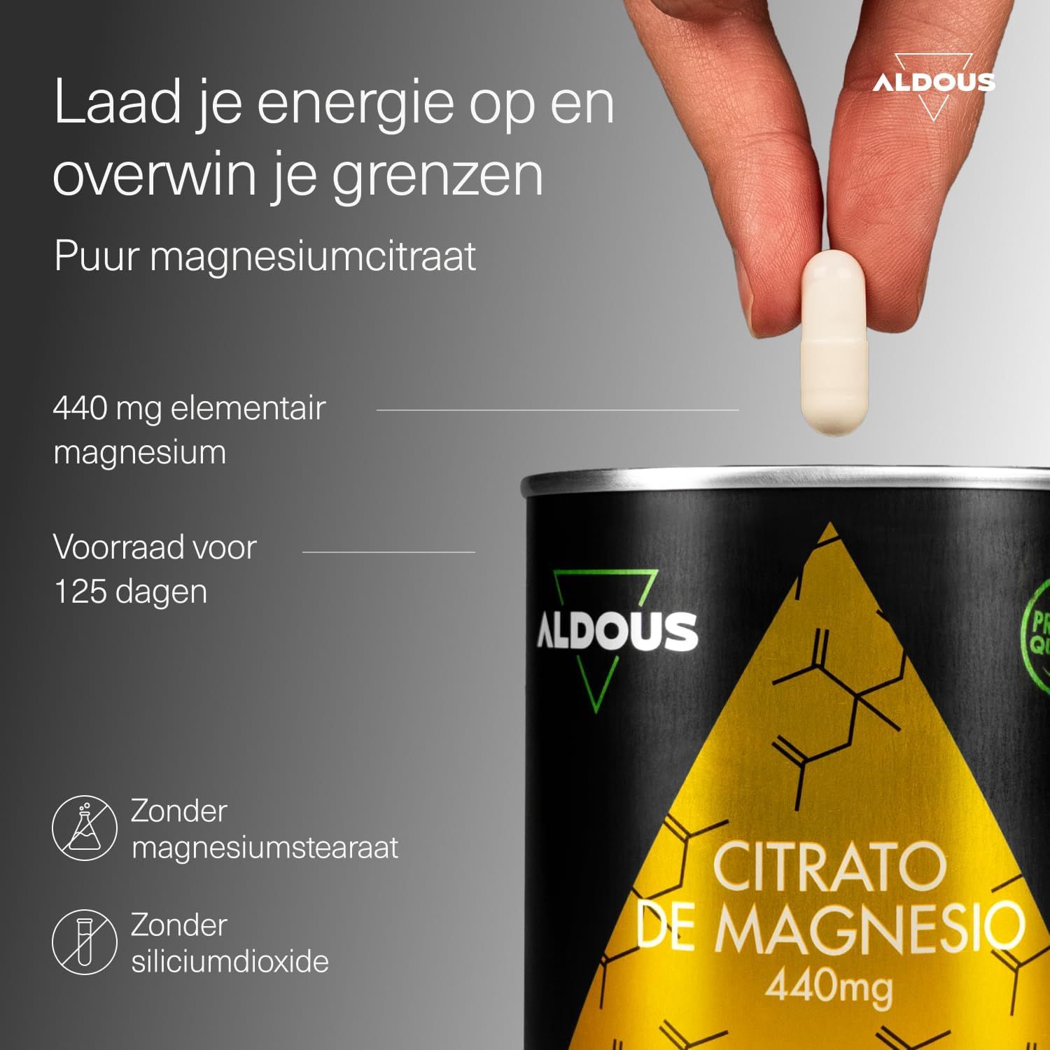 Aldous Magnesiumcitraat capsule en pot met 440mg magnesium. Zonder magnesiumstearaat en siliciumdioxide.