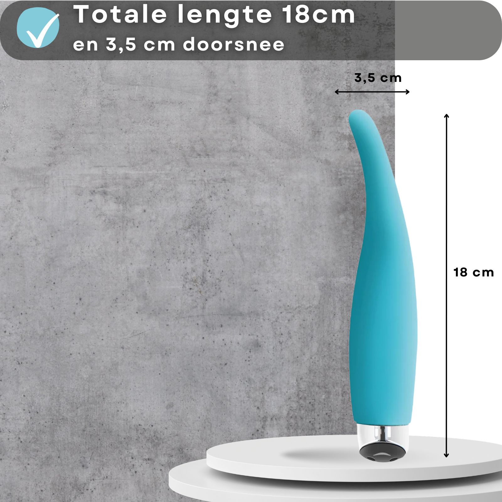 Blauwe vibrator. Gebogen vorm. Basis met zilveren ring.