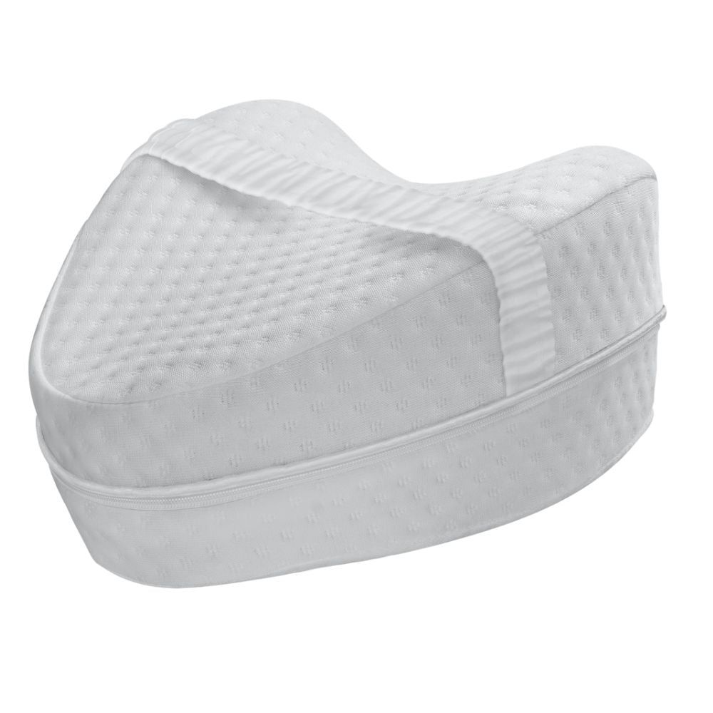Coussin genou blanc, fermeture éclair, poignée. Forme cœur. Surface supérieure à motifs.