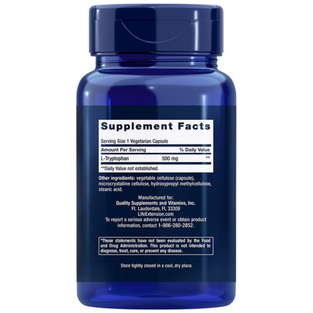 Dos de Life Extension L-Tryptophane 500 mg capsules. Contient les informations nutritionnelles et les ingrédients.