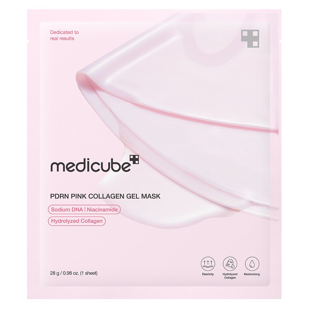 Verpakking van Medicube PDRN Pink Collagen Gel Mask met Sodium DNA, Niacinamide en Gehydrolyseerd Collageen.