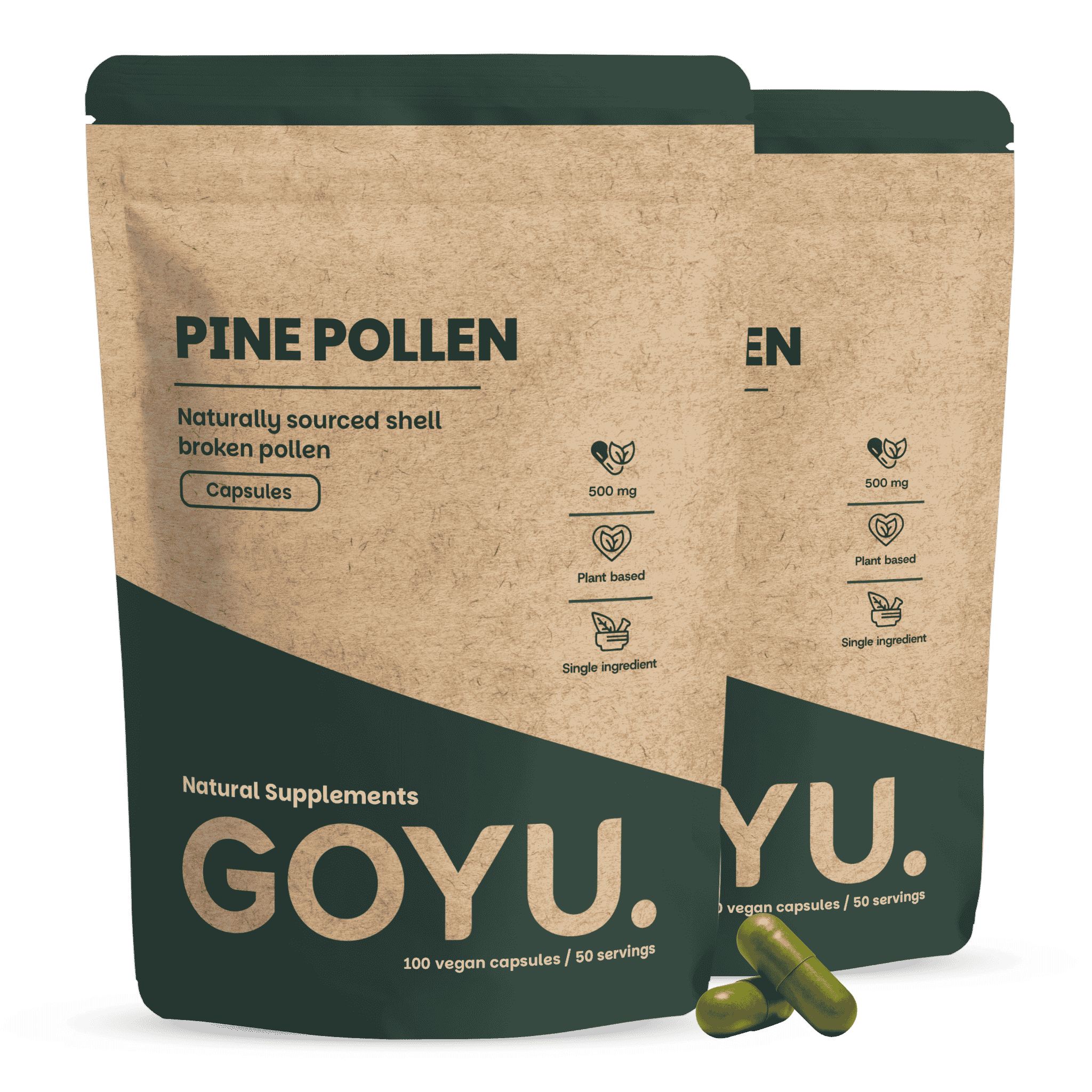 Twee pakken dennenpollen capsules, elk 100 capsules, met twee groene capsules ernaast.